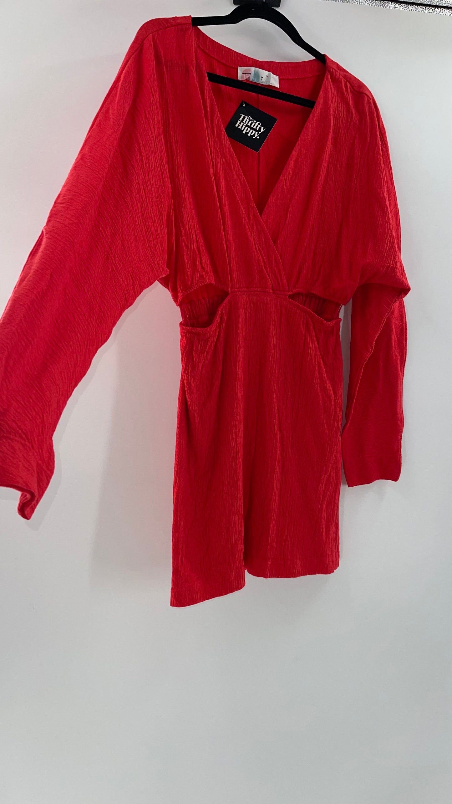 Free People Red Long Sleeve Mini Dress with Cut Outs (Medium)