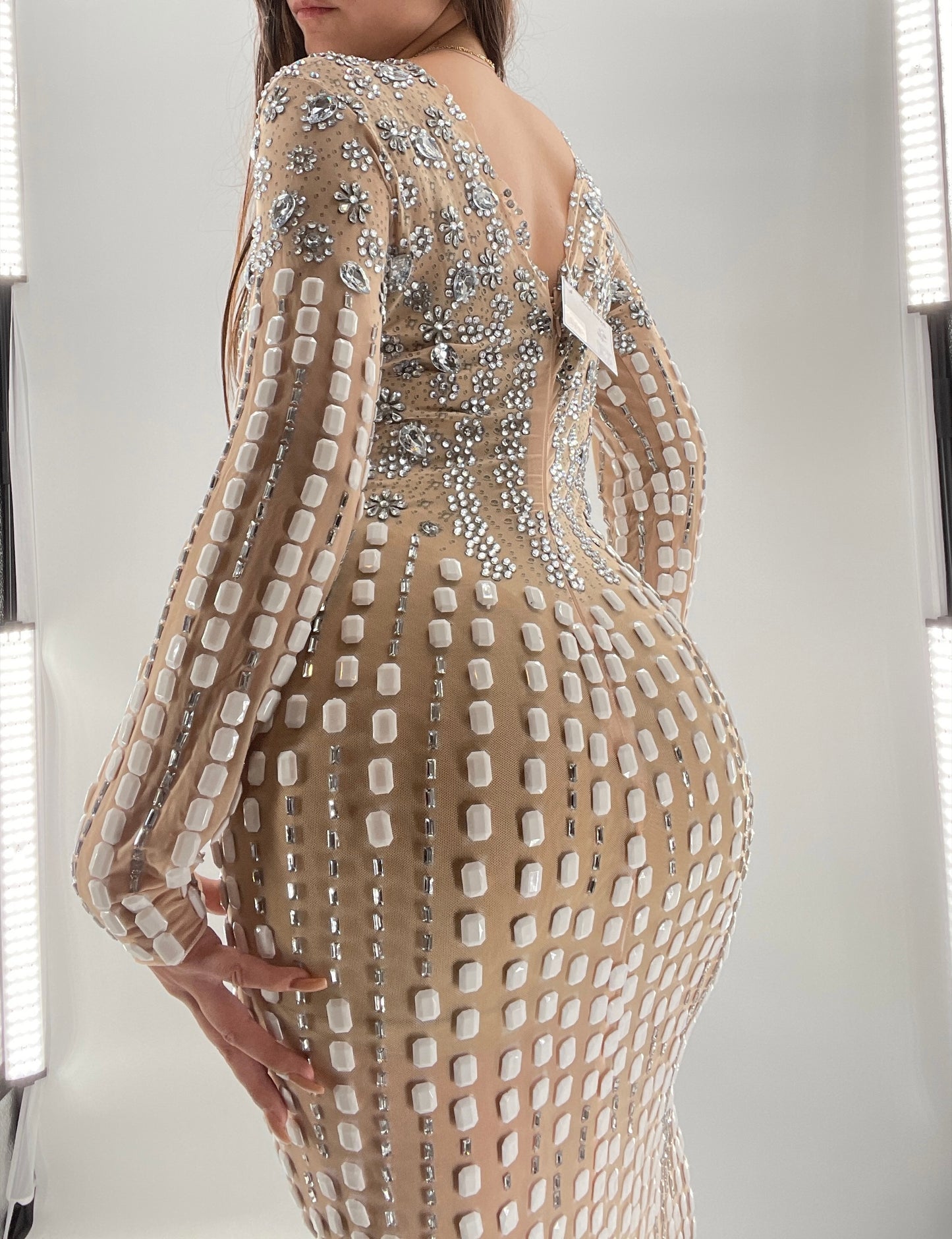 Modified Floor Length Gown Nude Underlay with Crystals and White Jewels (Medium)