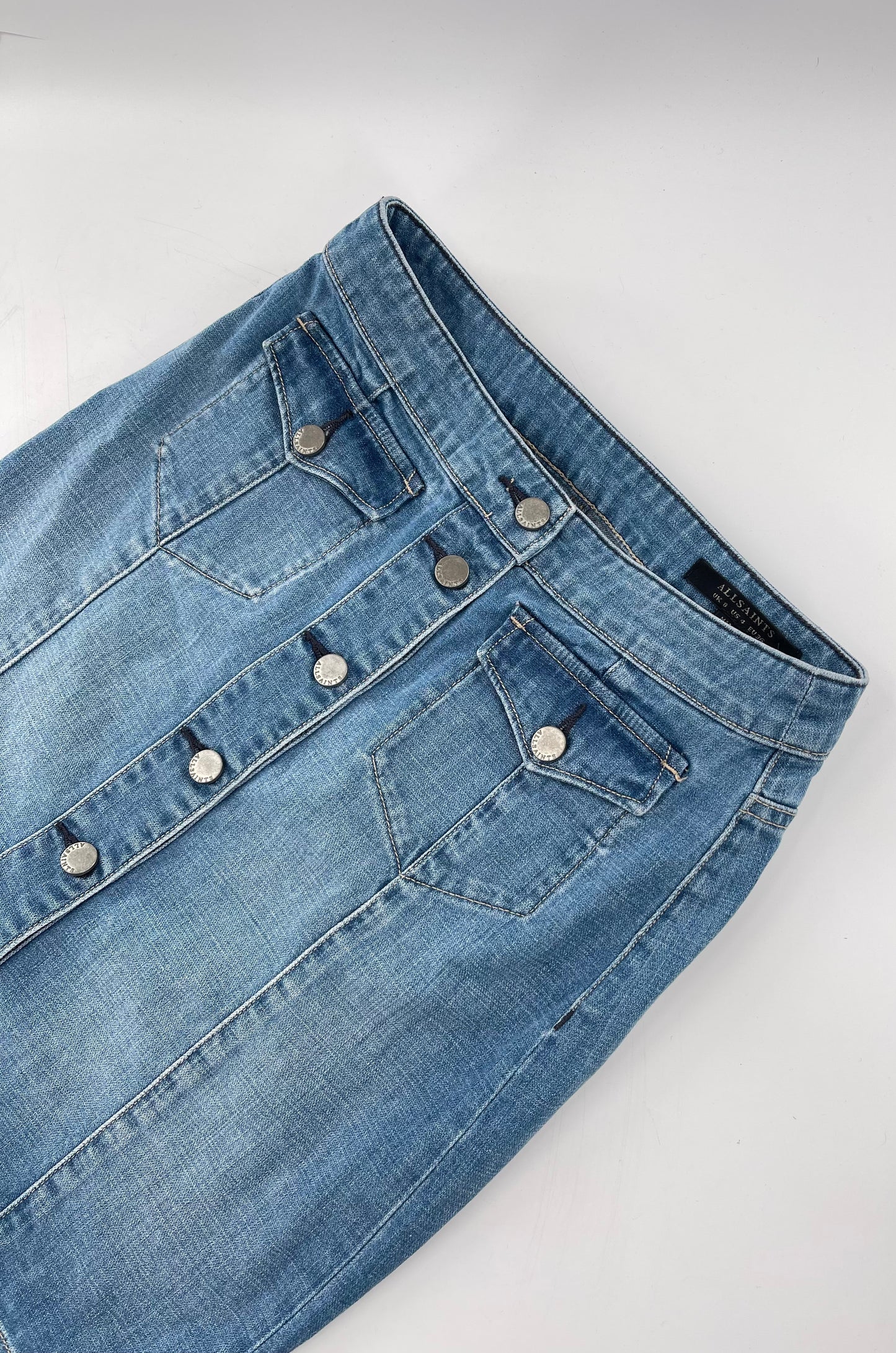ALLSAINTS Light Wash Button Front Knee High Skirt (4)