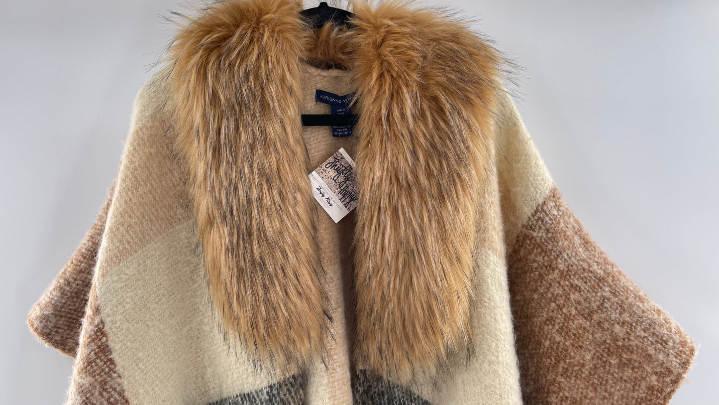 Adrienne Vitadinni Fringe Plaid Fur Collar Cape (OS)