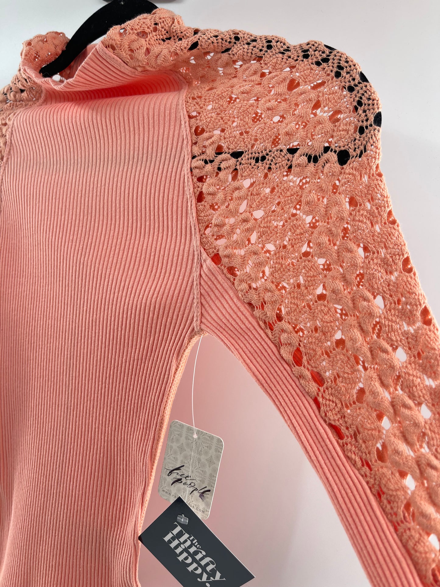 Free People Pink Ribbed Knit + Lace Mock Neck (XS)