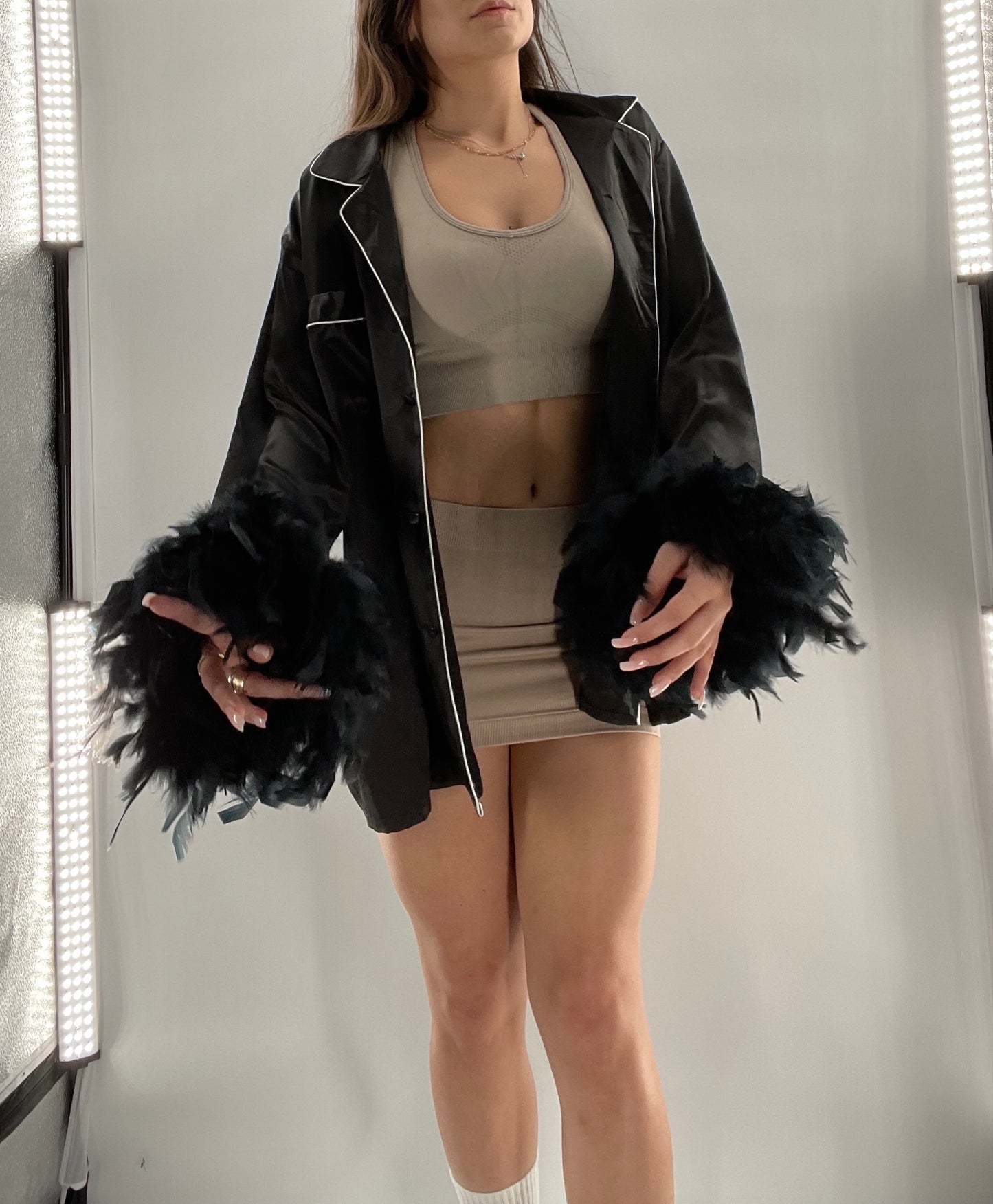 Lonxu Black Satin Pijama Top with Ostrich Feather Cuffs (XXL)