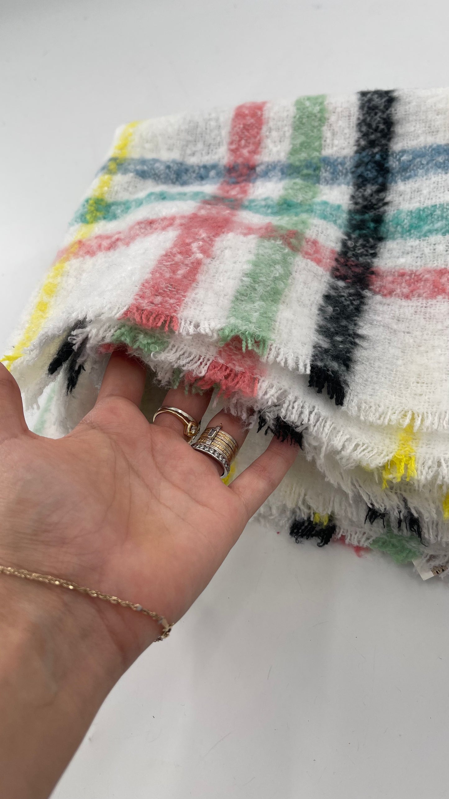 Aerie White Scarf with Colorful Flannel Pattern + Fringe