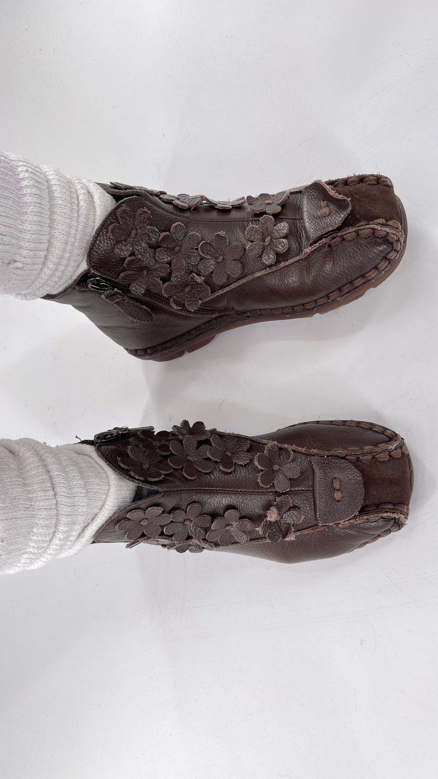 Handmade Brown Leather Flower Power Booties (38)