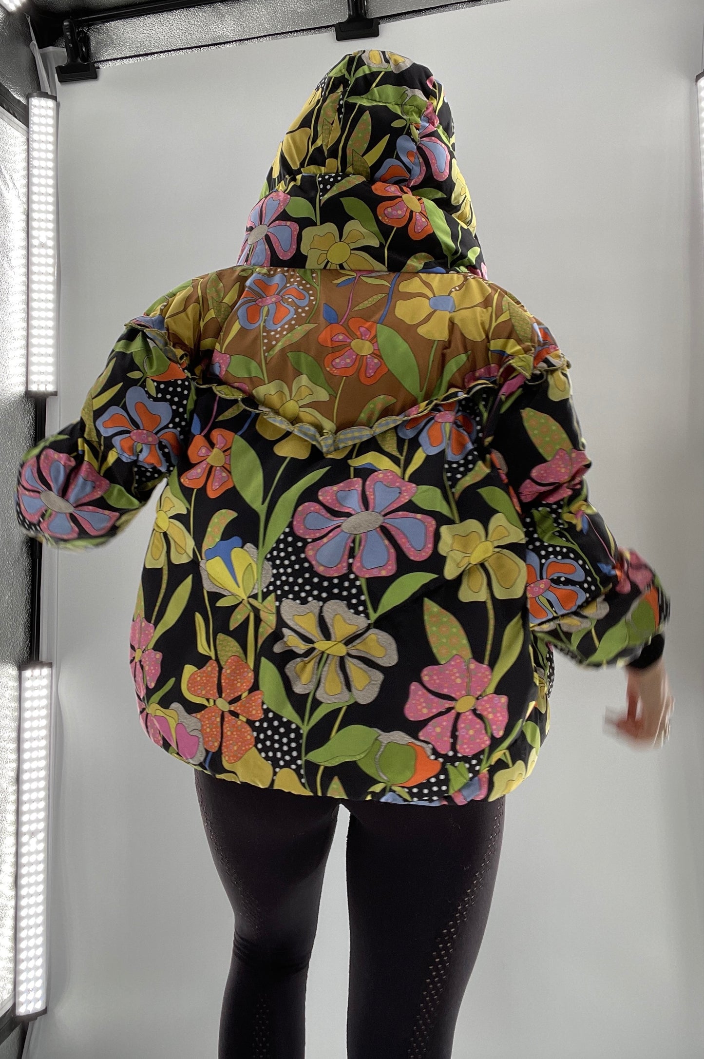 CELIA B Oregon Black Puffer with Contrast Colorful Flowers (Small)
