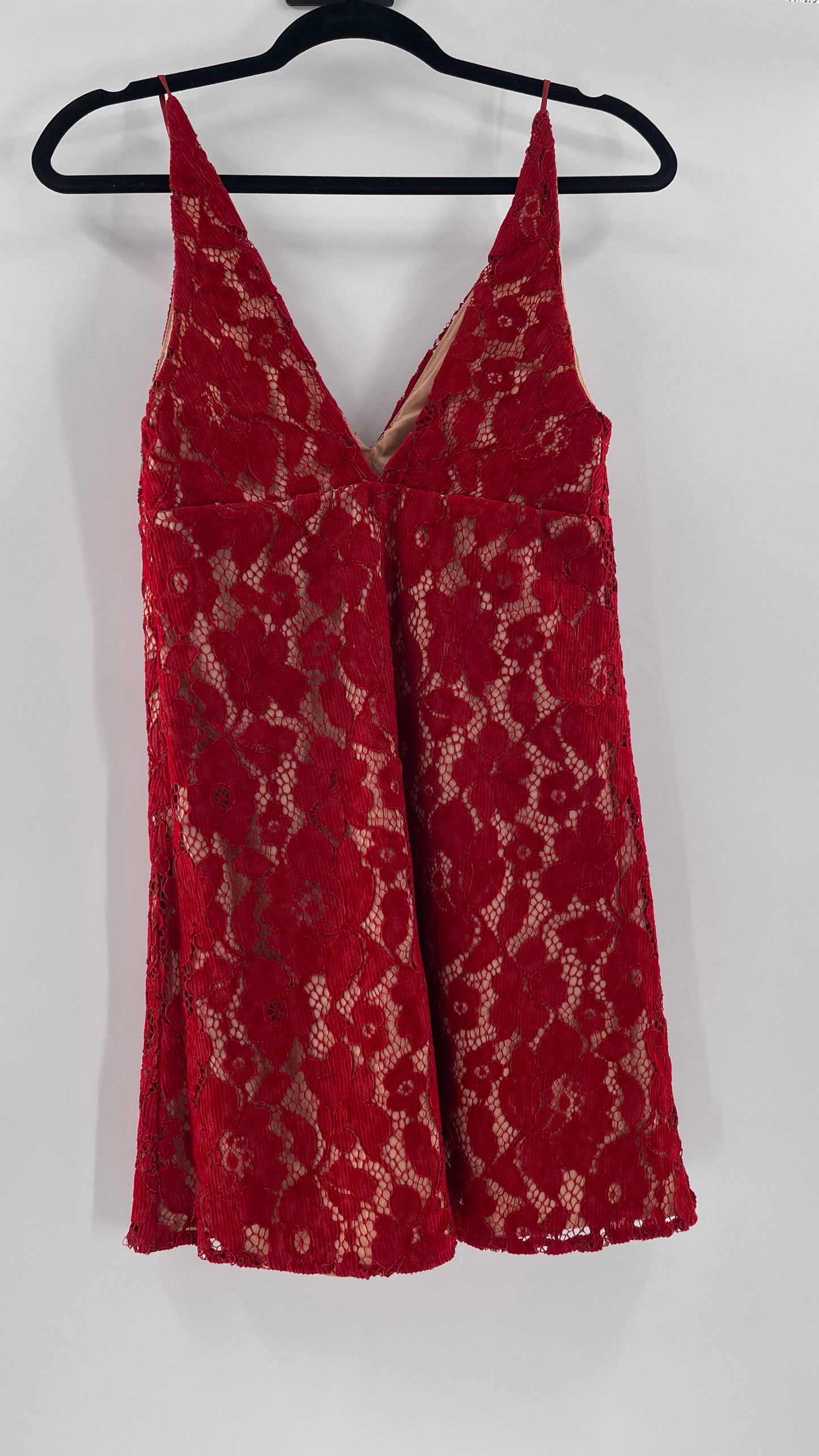 Free People Red Corduroy Lace Over Nude Underlay Sleeveless Mini Dress (Size 0)