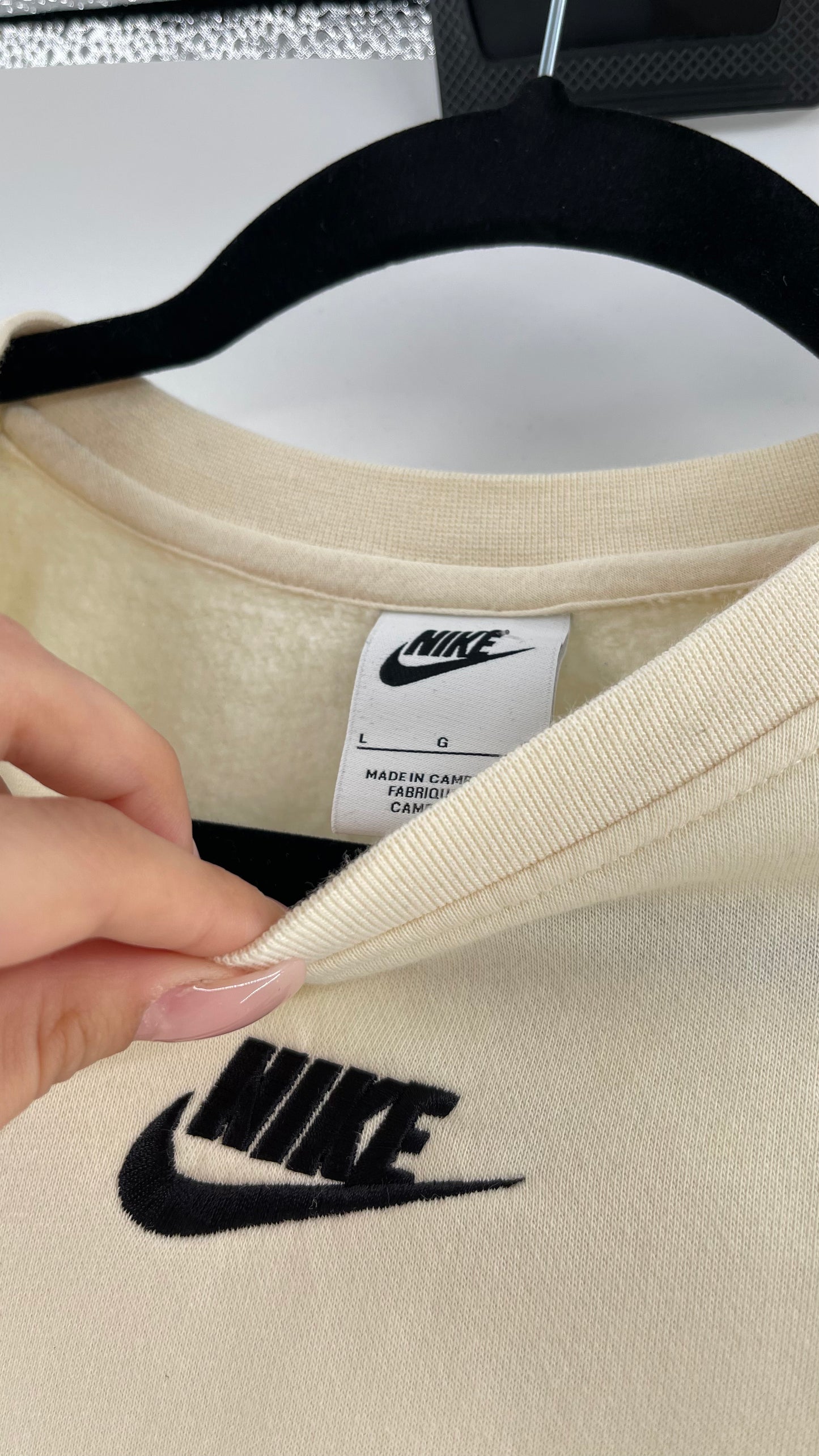 Cream Nike Crewneck with Minimalist Black Chest Logo (Large)