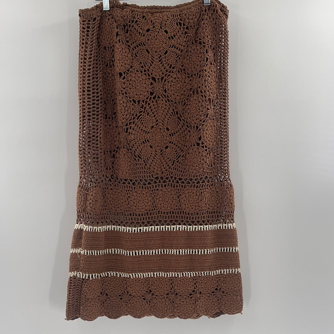 Free People Brown Short with Flowered Crochet Long Skirt (Size L)