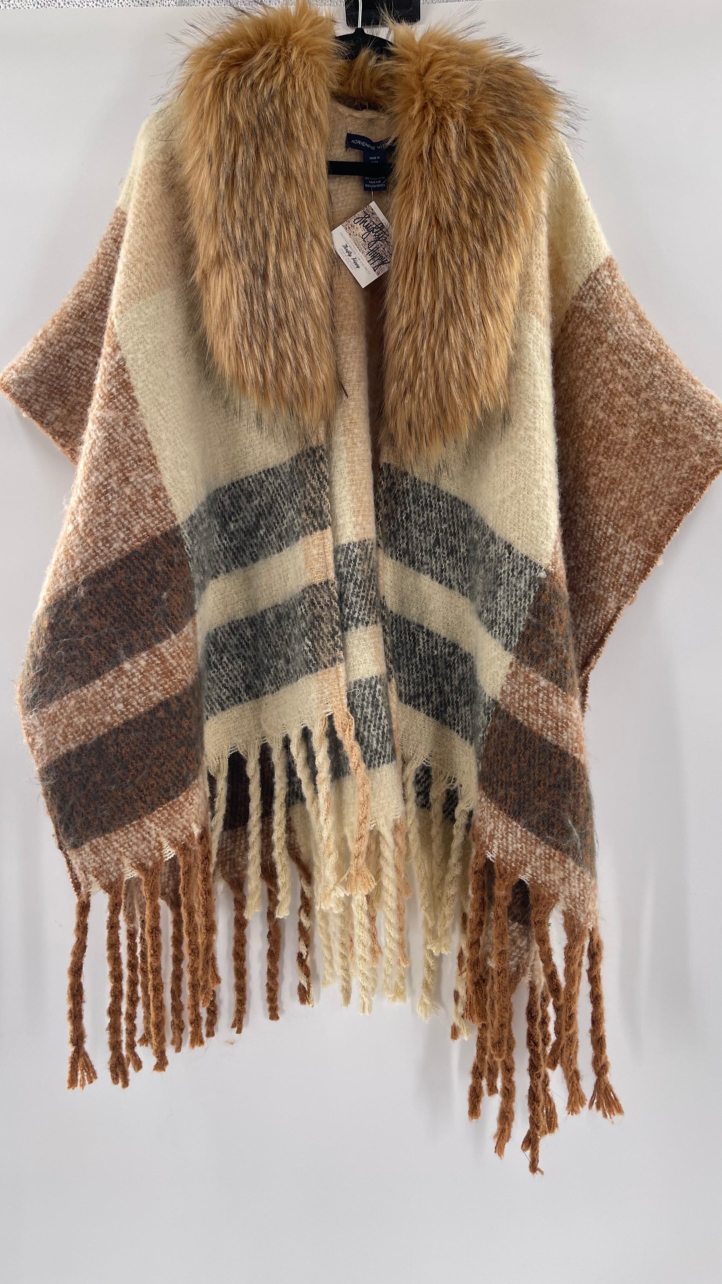Adrienne Vitadinni Fringe Plaid Fur Collar Cape (OS)