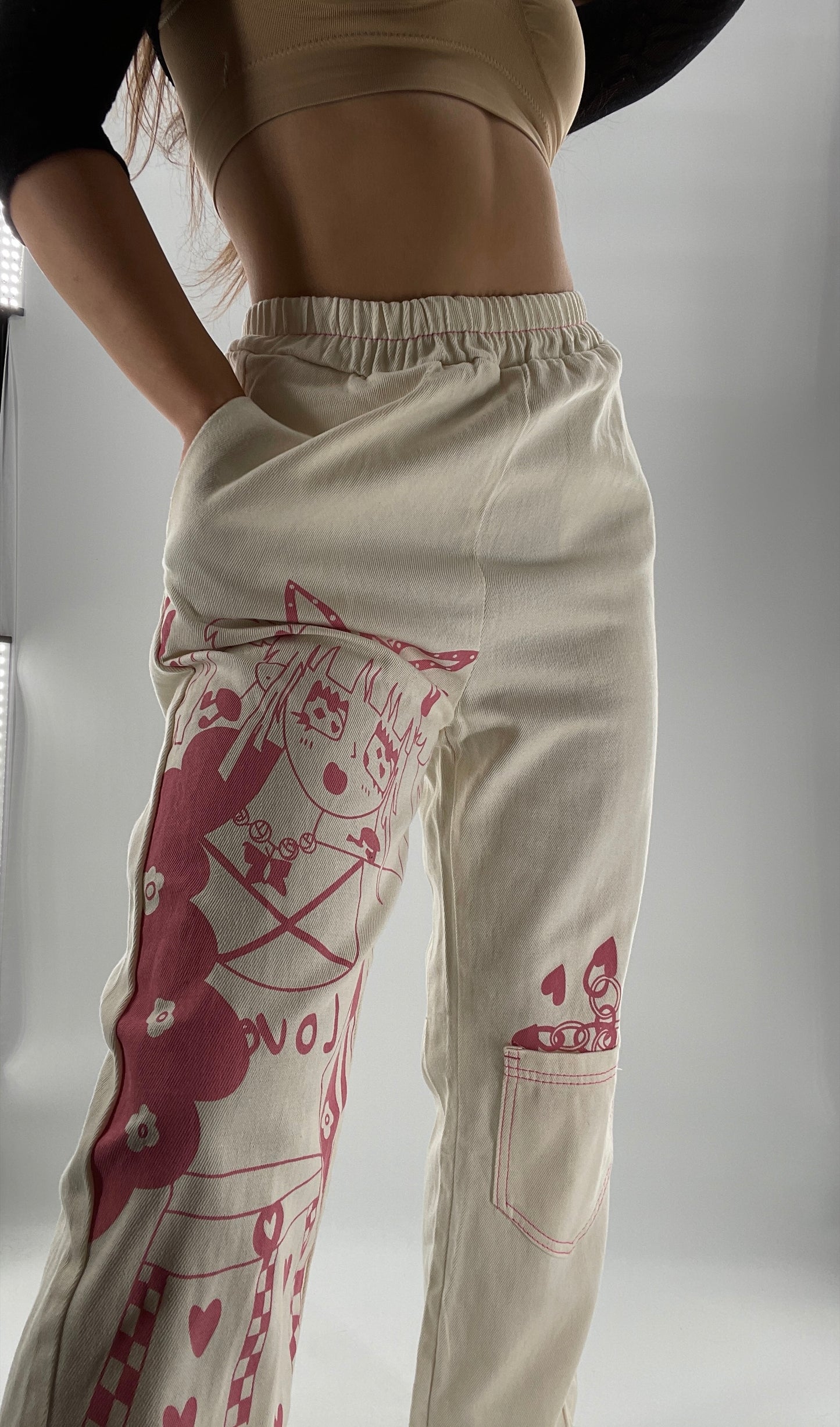 Beige Carpenter Pant with Pocket and Pink Anime Graphic (Medium)