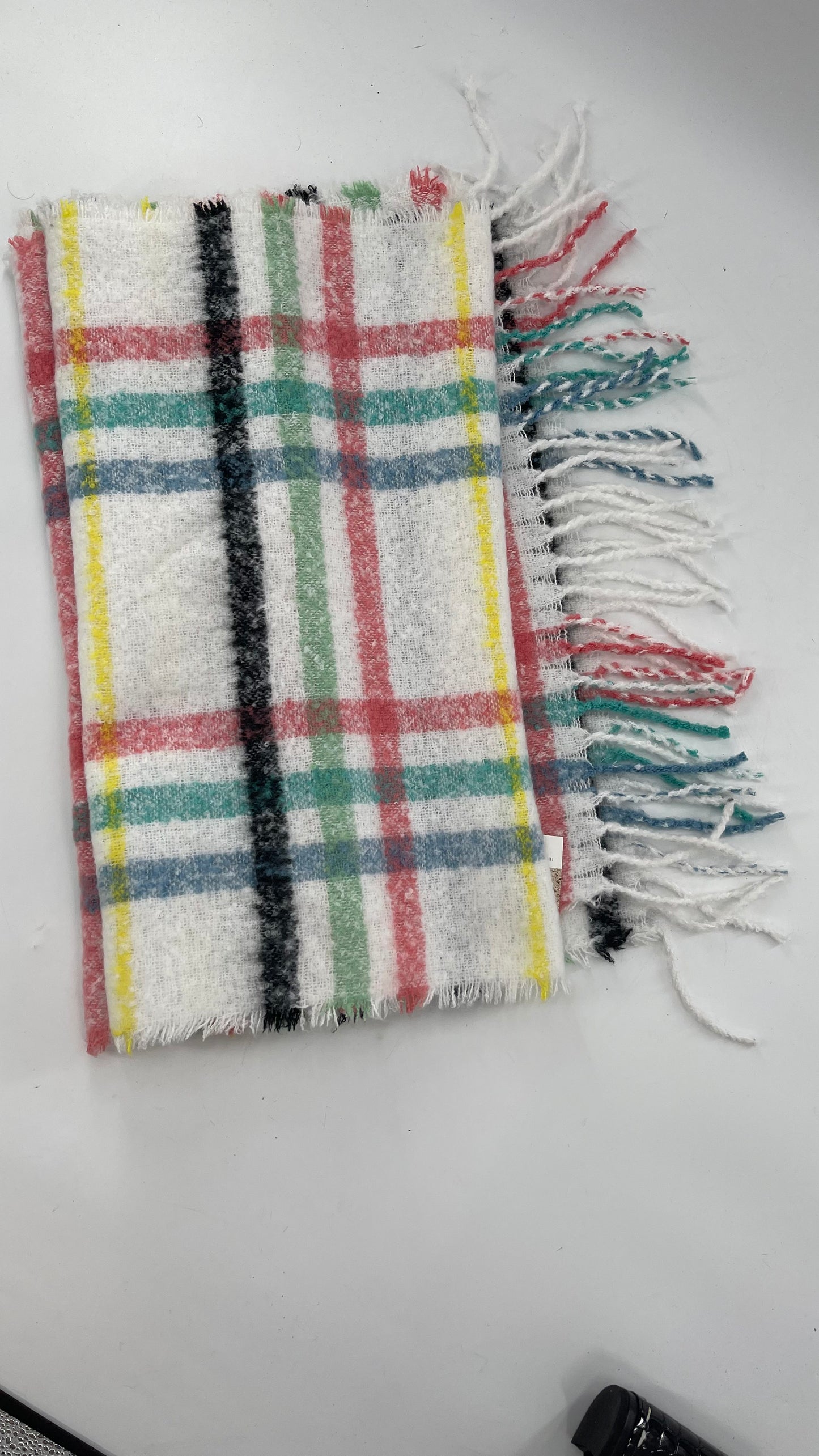 Aerie White Scarf with Colorful Flannel Pattern + Fringe