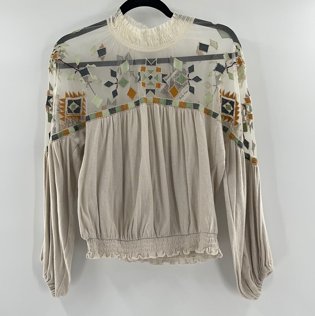 Free People Oatmeal Embroidered Top (S)