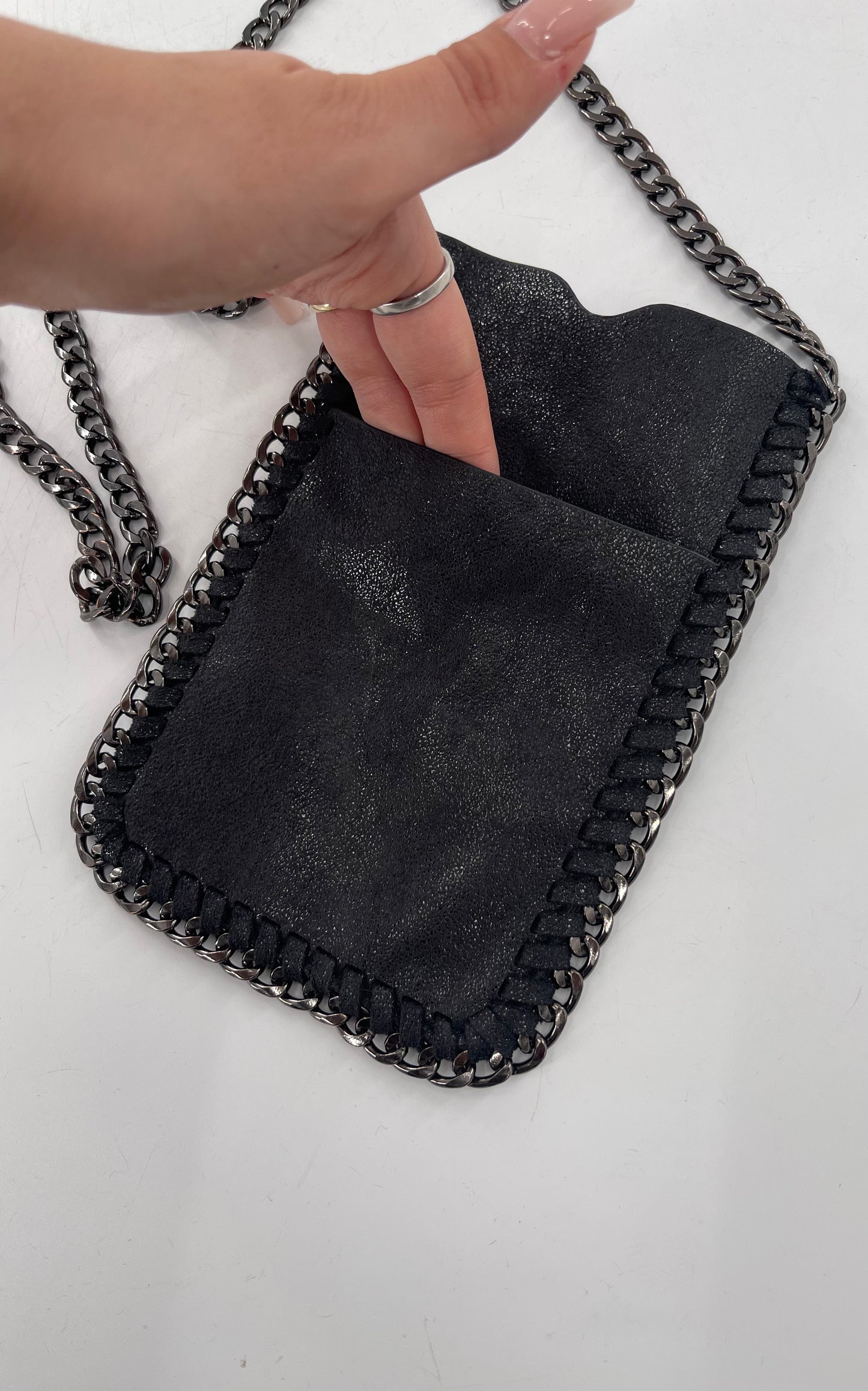 Metallic Black Leather Chain Lined Phone Pouch