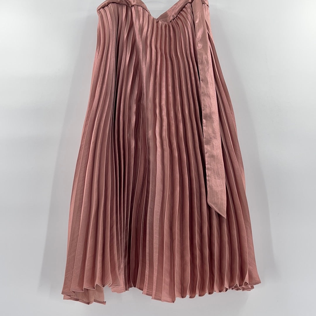 Anthropologie Long Rose Gold Satin Pleated Skirt (Size 12)
