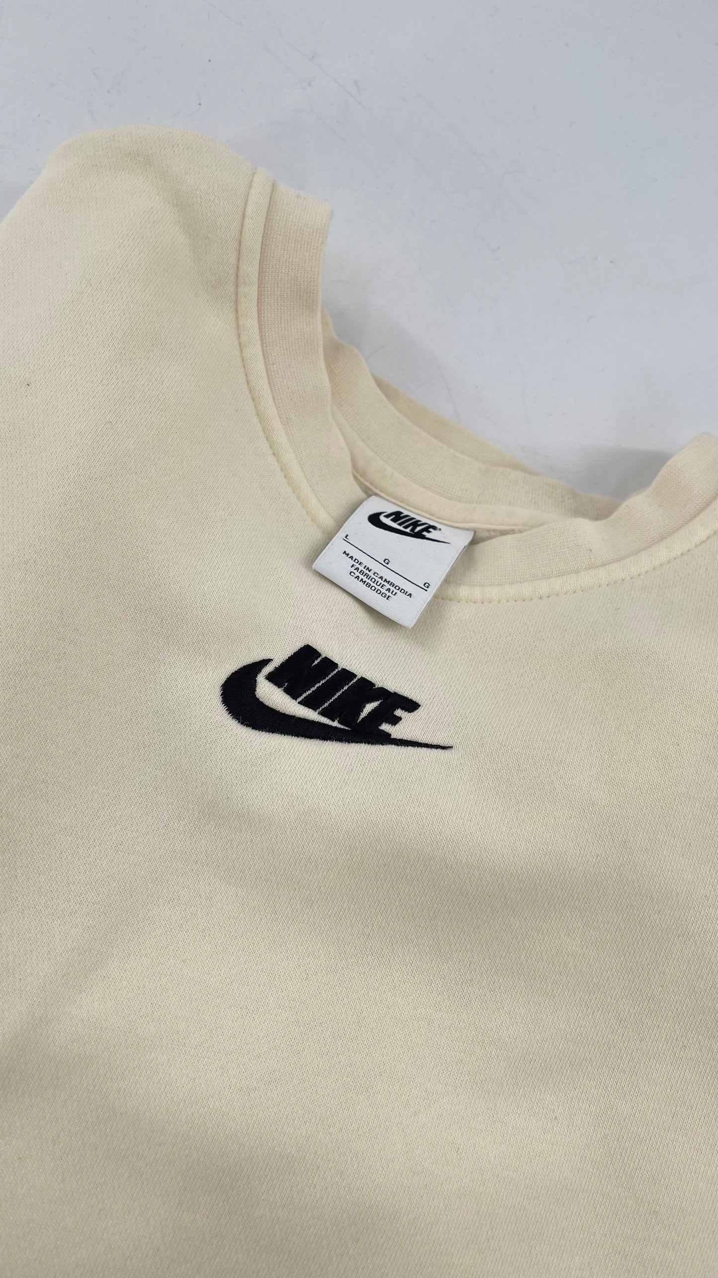 Cream Nike Crewneck with Minimalist Black Chest Logo (Large)