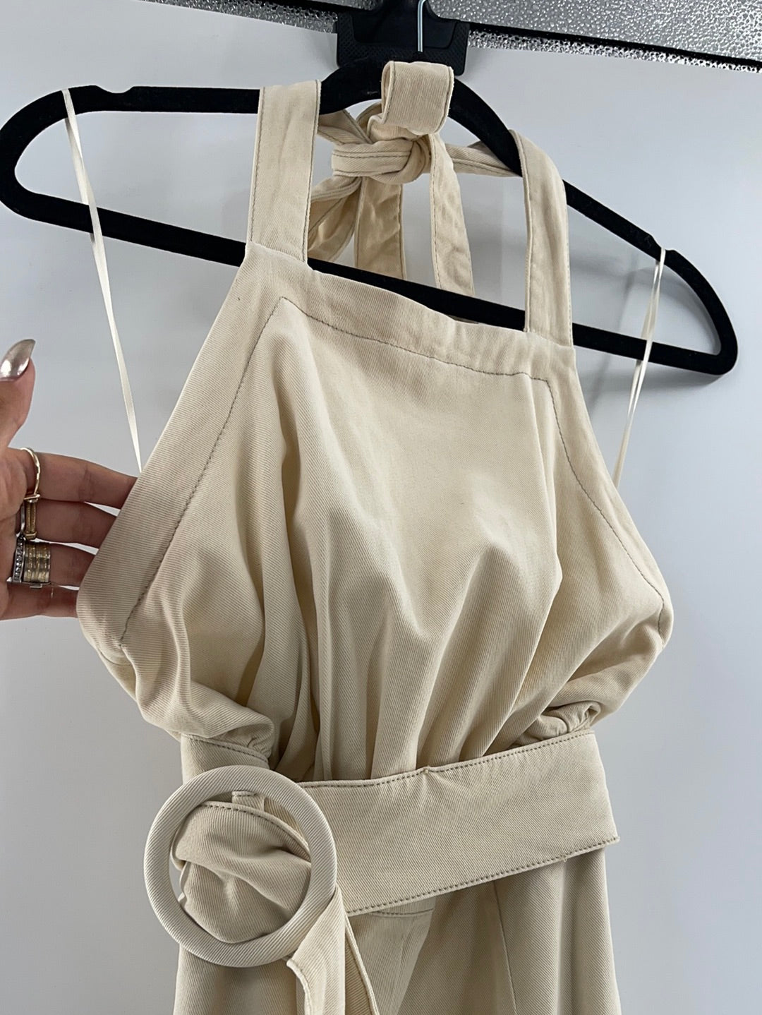 Free People Cream Halter Backless Belted Jumpsuit (Size XS)