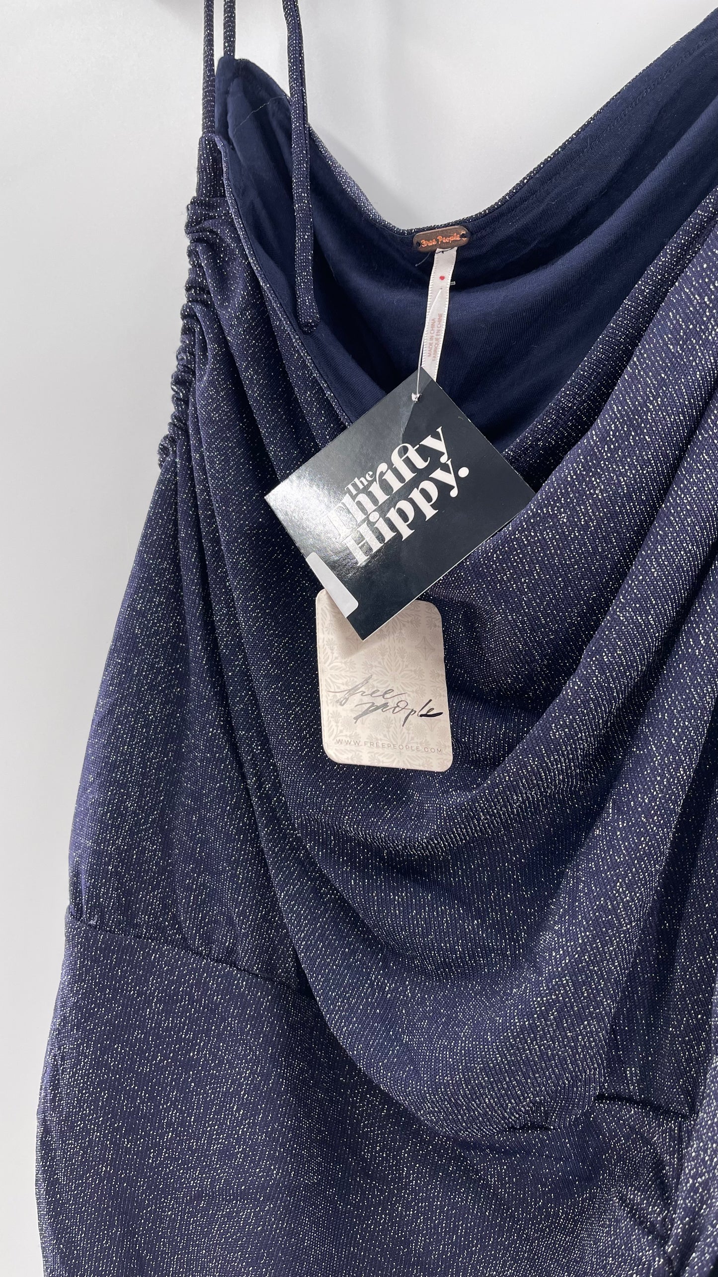 Free People Navy Glitter Ruche Dress (Large)