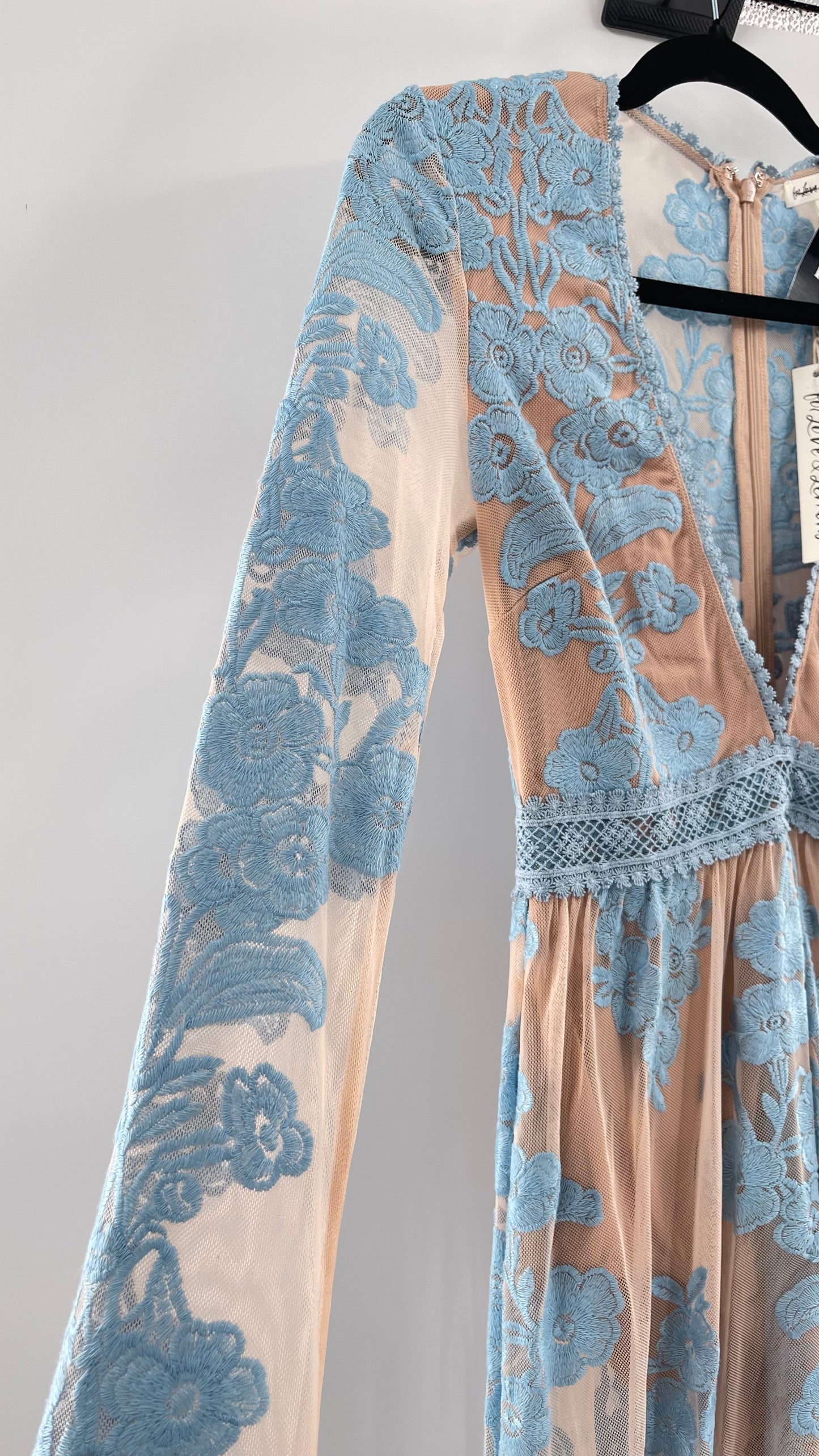 For Love and Lemons Powder Blue Embroidered Temecula Maxi Dress