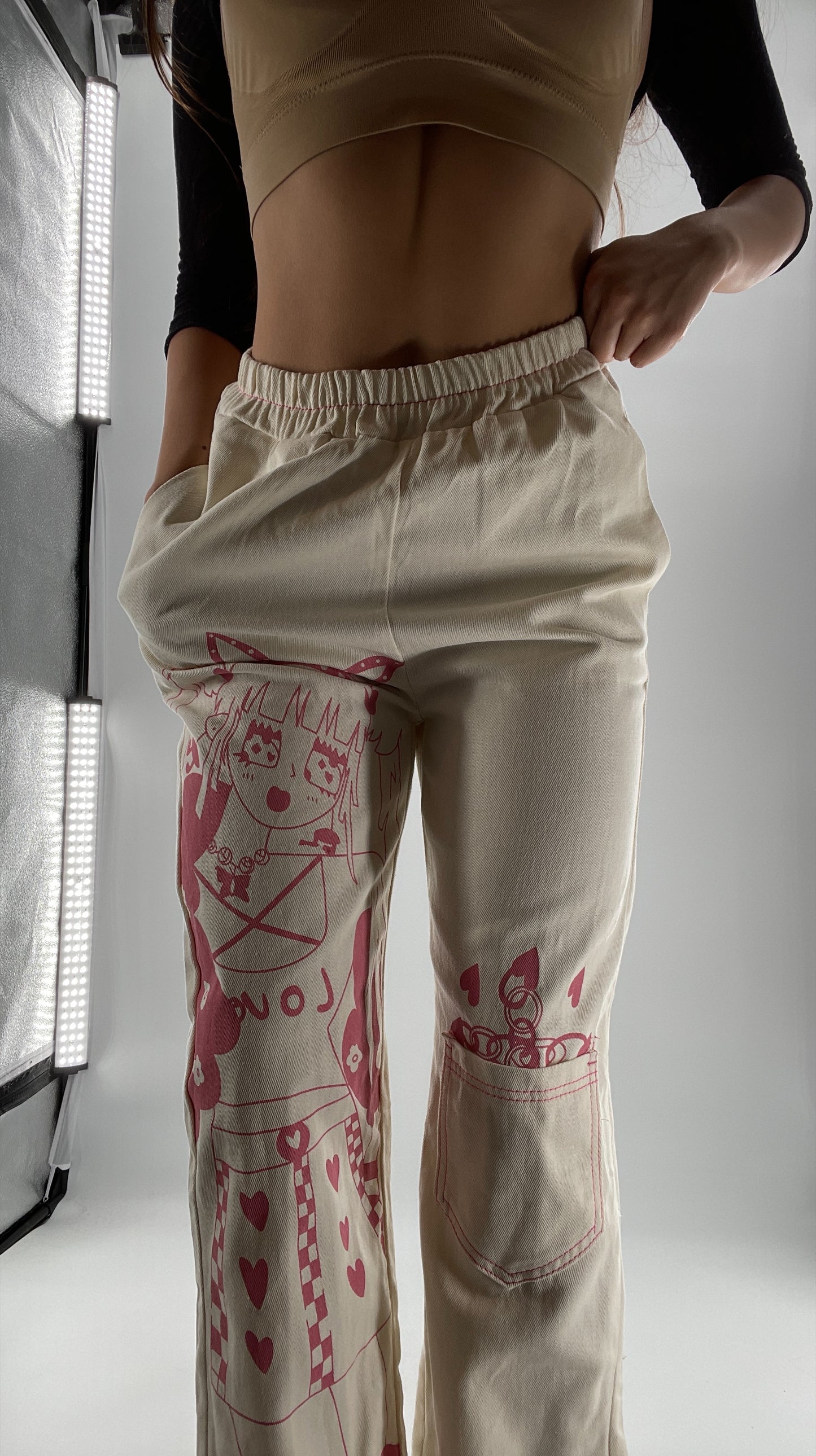 Beige Carpenter Pant with Pocket and Pink Anime Graphic (Medium)