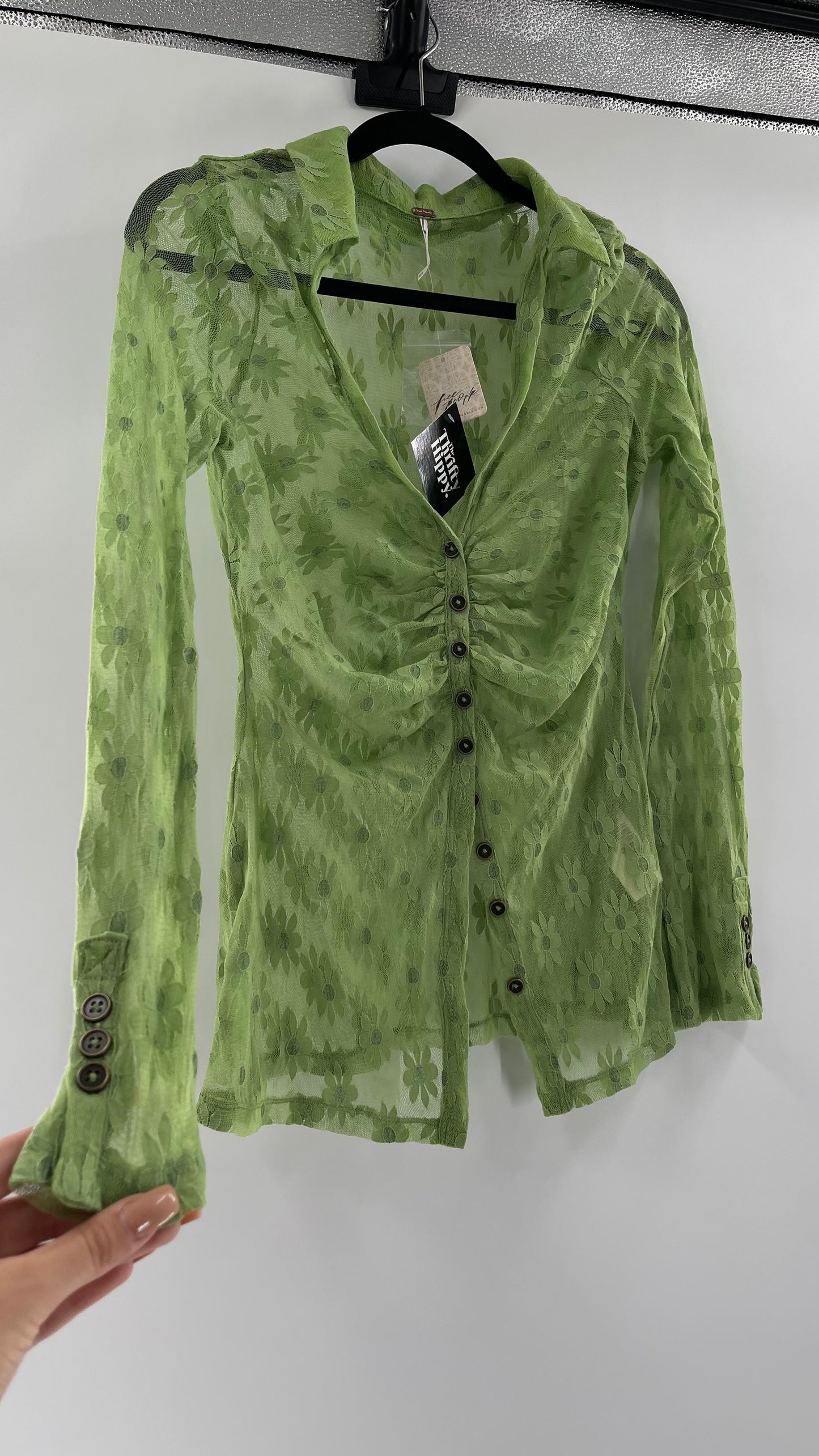 Free People Flower Fields Green Lace Collared Button Up (Small)