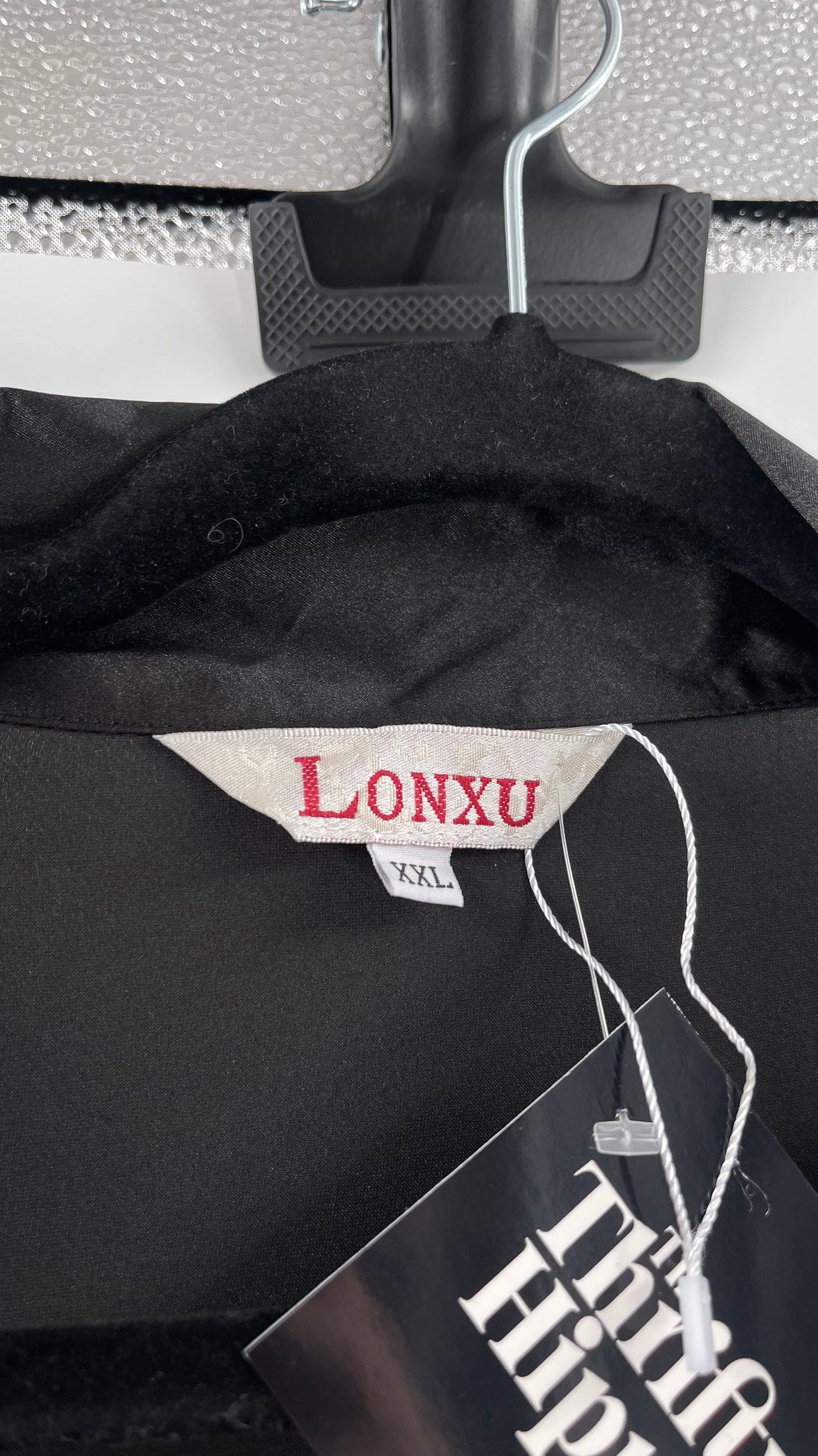 Lonxu Black Satin Pijama Top with Ostrich Feather Cuffs (XXL)