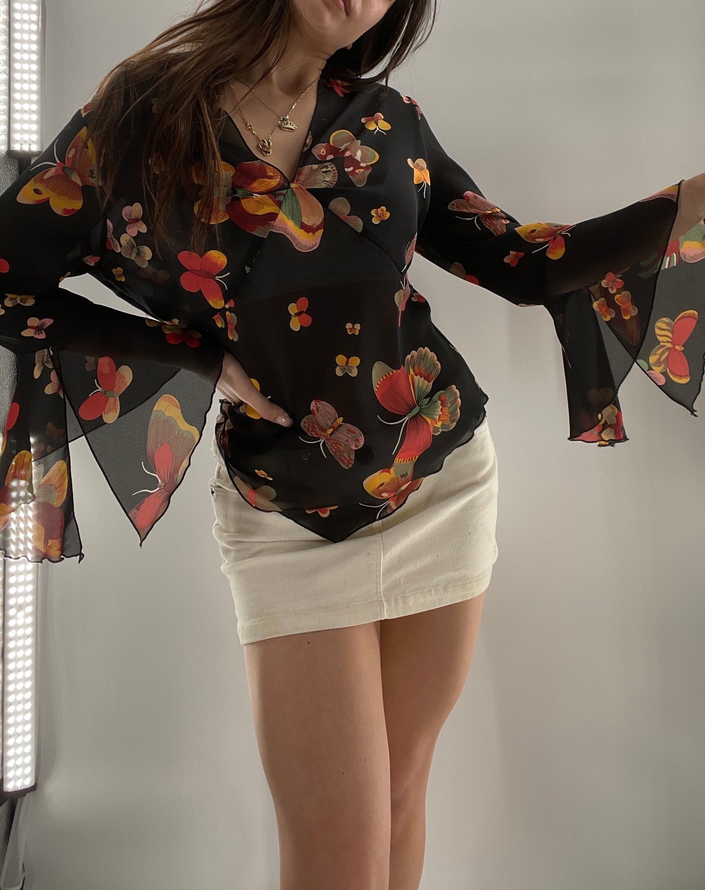 Vintage Butterfly Printed Sheer Bell Sleeve (S)