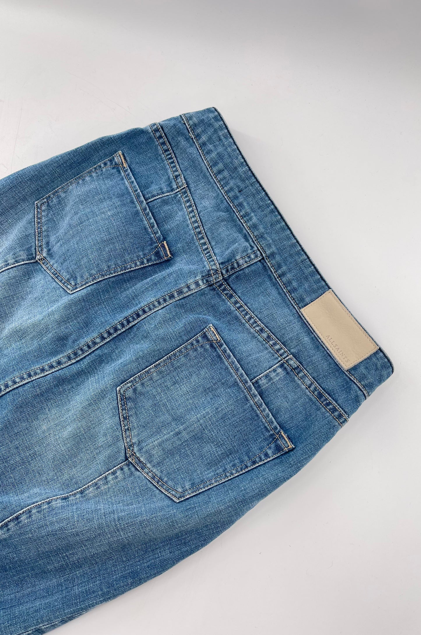 ALLSAINTS Light Wash Button Front Knee High Skirt (4)