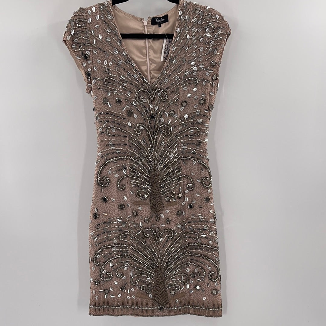 Parker Black Beige Beaded Midi Dress (Size 2)