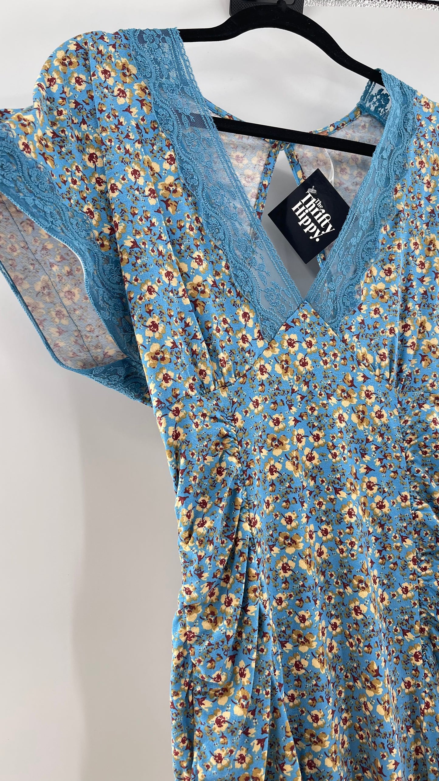 Free People Sweet Talker Blue Floral Ruched Mini Dress (Medium)