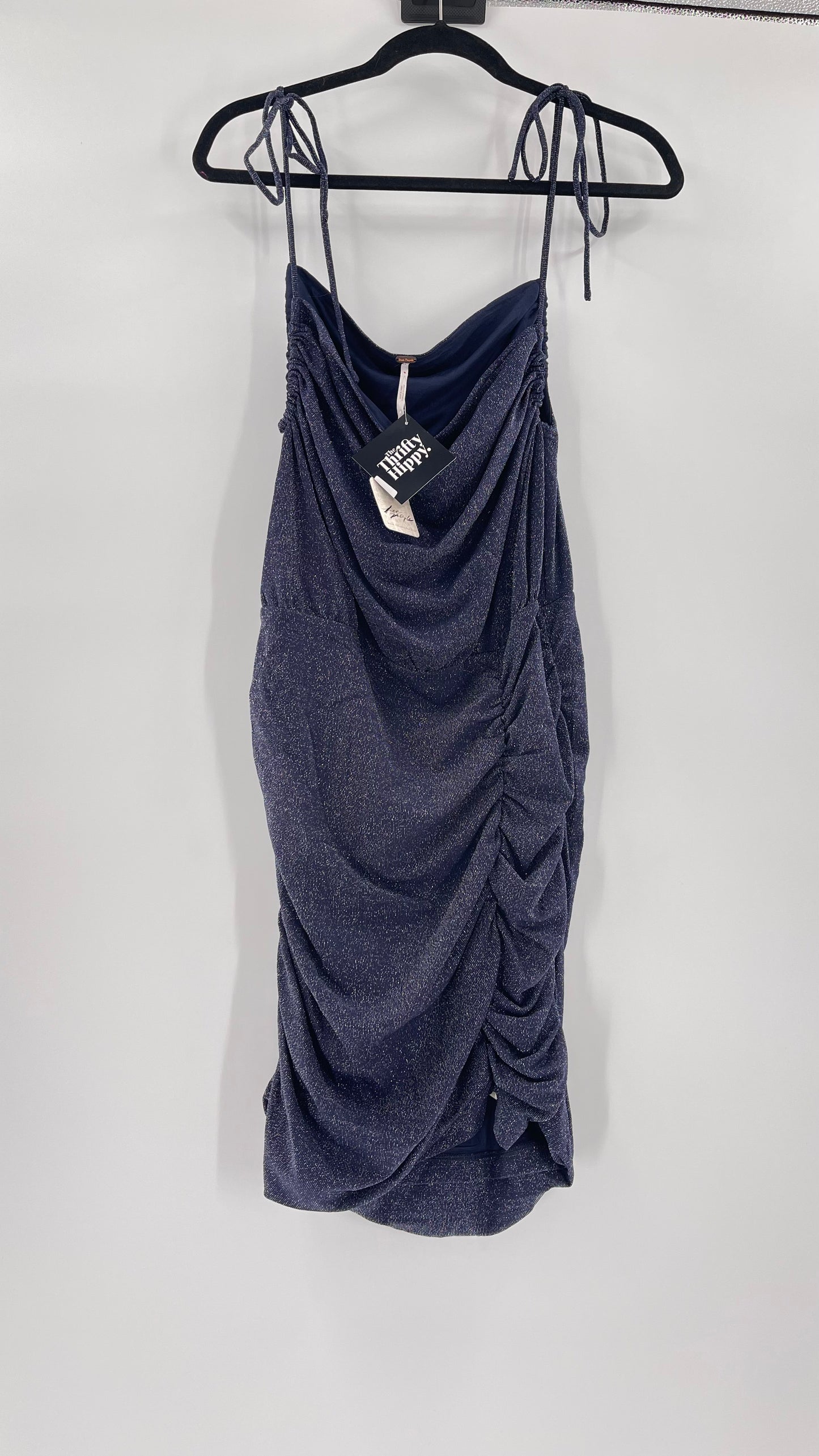 Free People Navy Glitter Ruche Dress (Large)