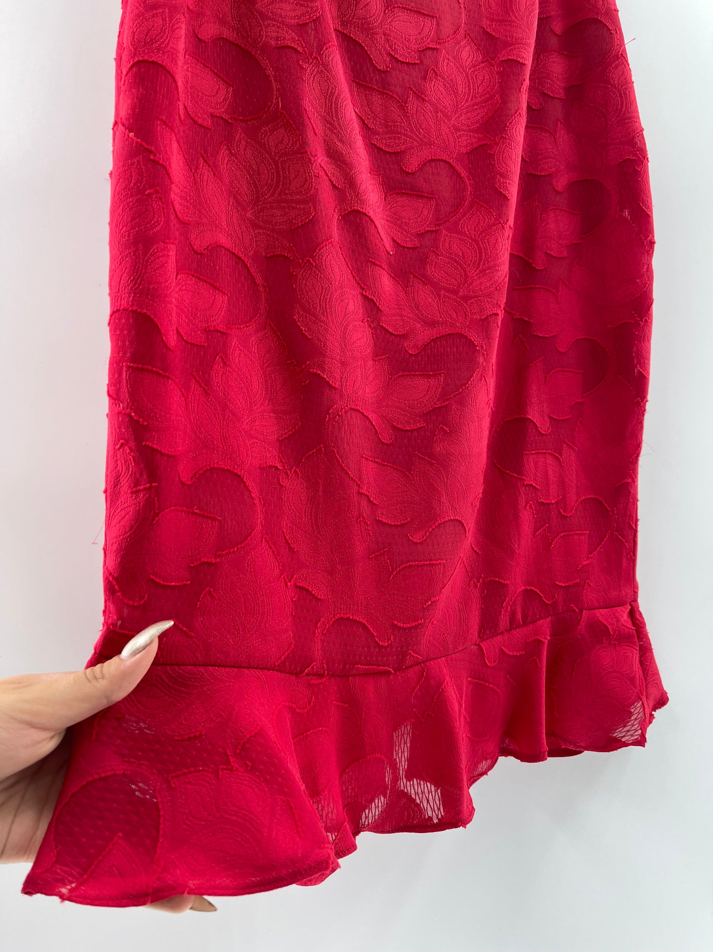 Free People Red Overlay Ruffle Hem Under Knee Skirt (Size 2)