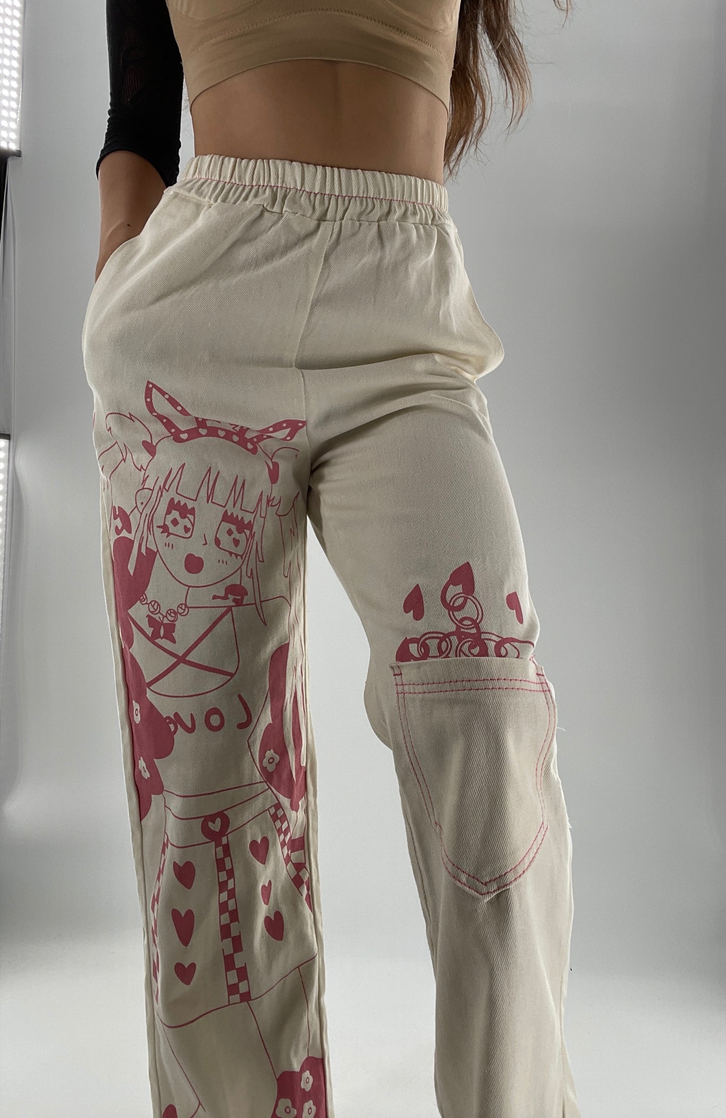 Beige Carpenter Pant with Pocket and Pink Anime Graphic (Medium)