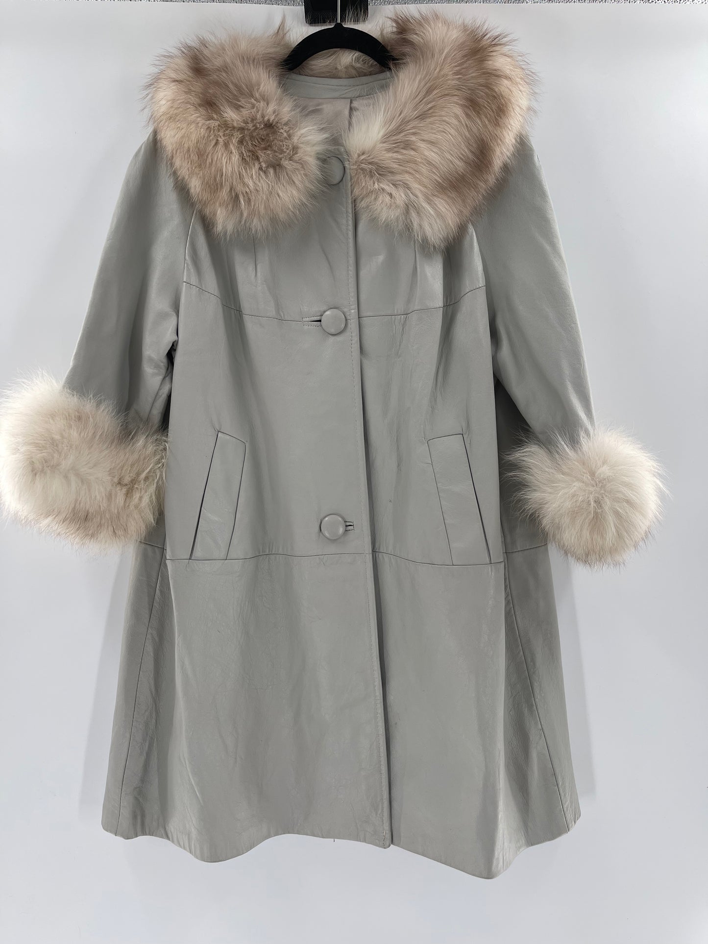 Light Gray 100% Leather Coat With Real Fur Collar and Cuffs Trim (Size 16) VINTAGE