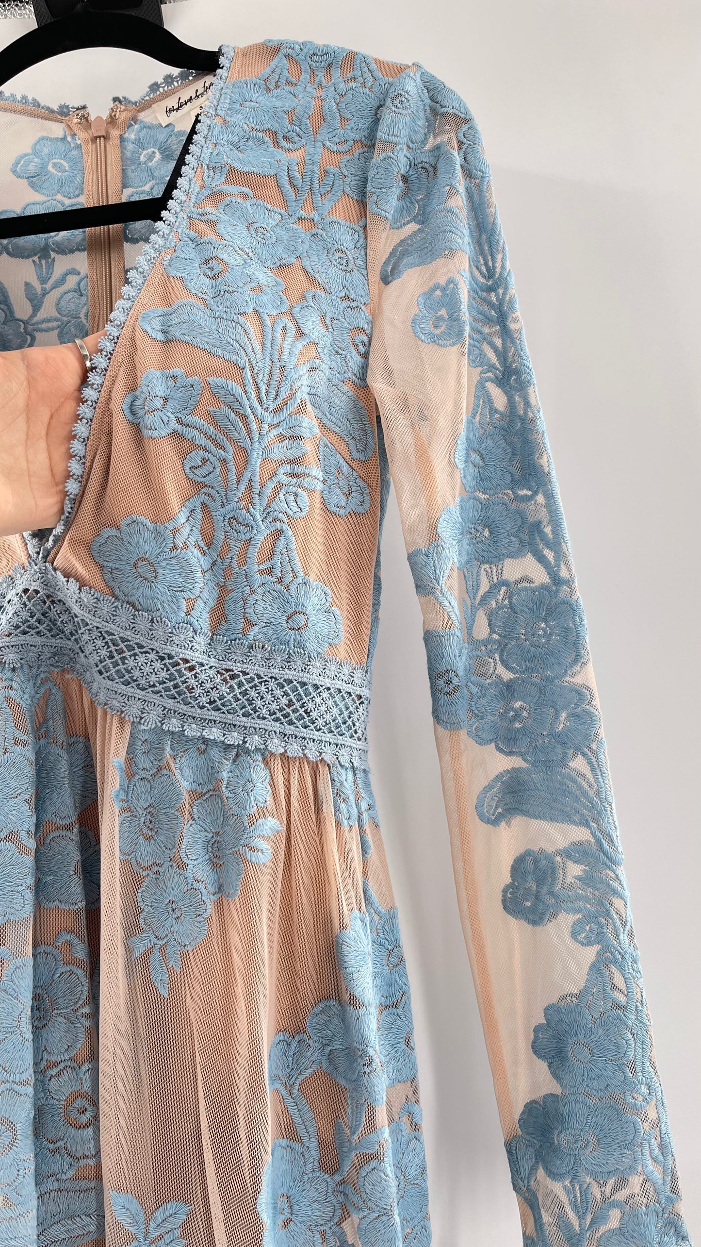 For Love and Lemons Powder Blue Embroidered Temecula Maxi Dress