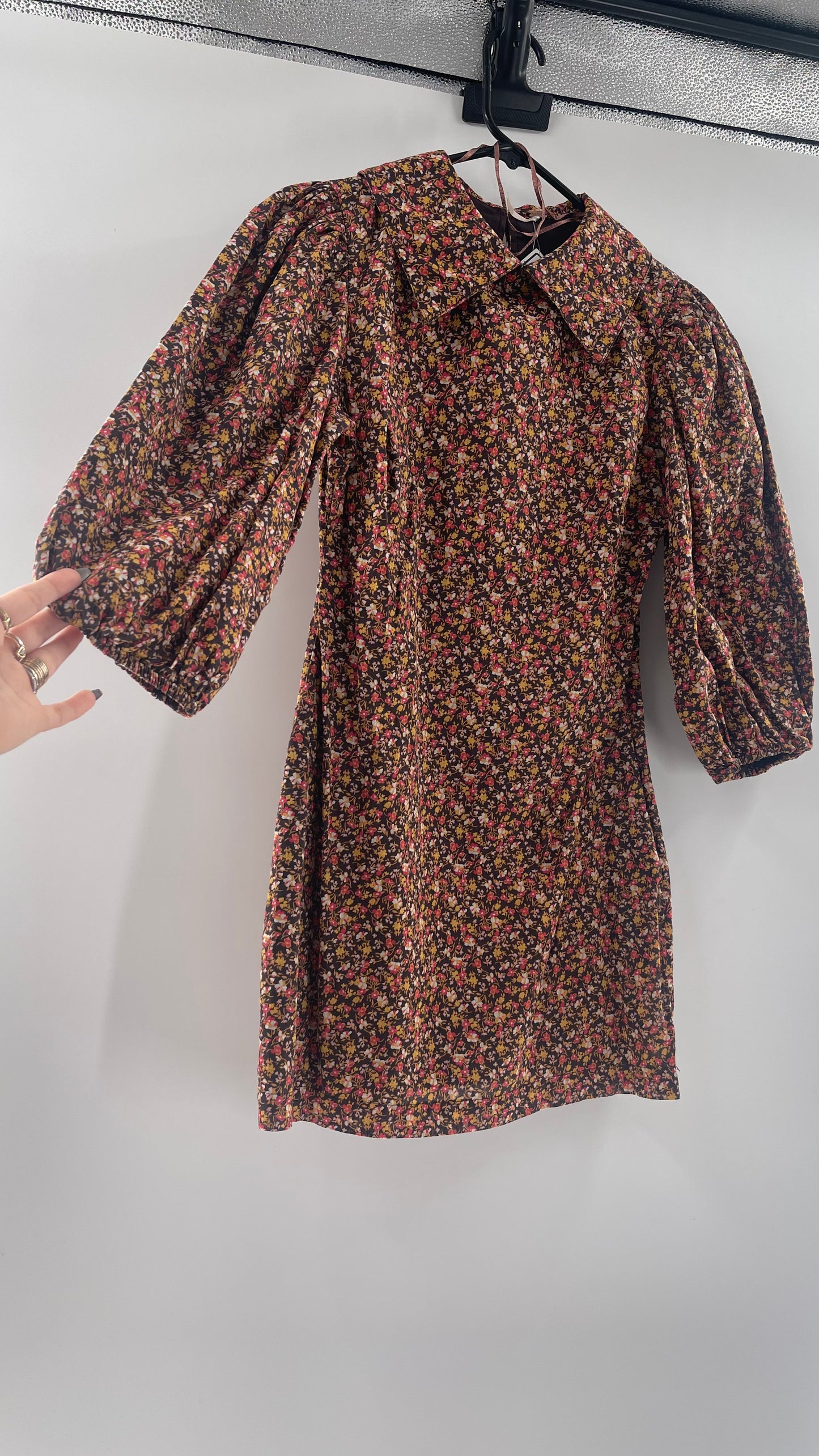 Free People Flowered Brown Print Ballon Sleeve Mini Dress With Collar (Size 2)