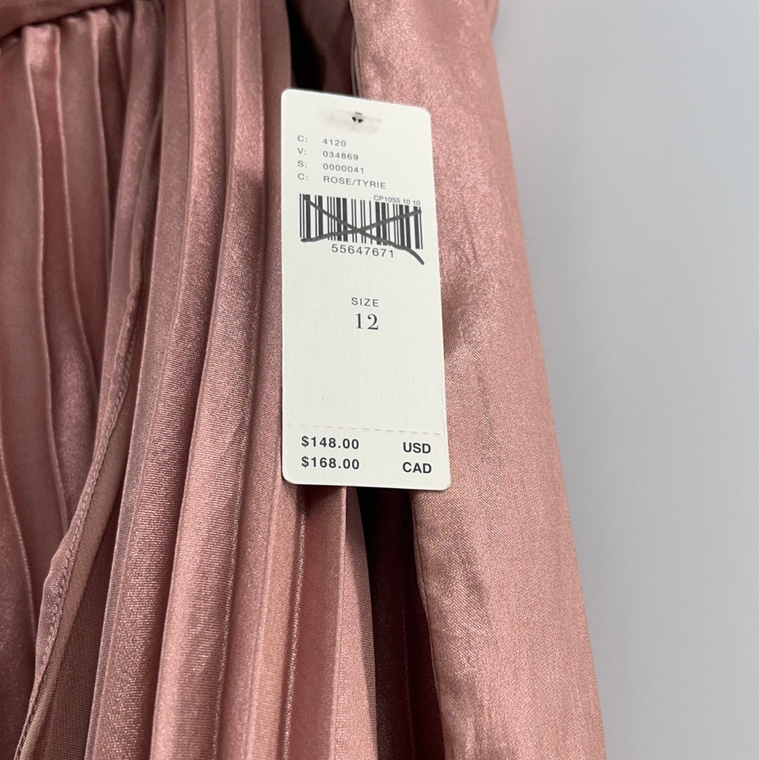 Anthropologie Long Rose Gold Satin Pleated Skirt (Size 12)