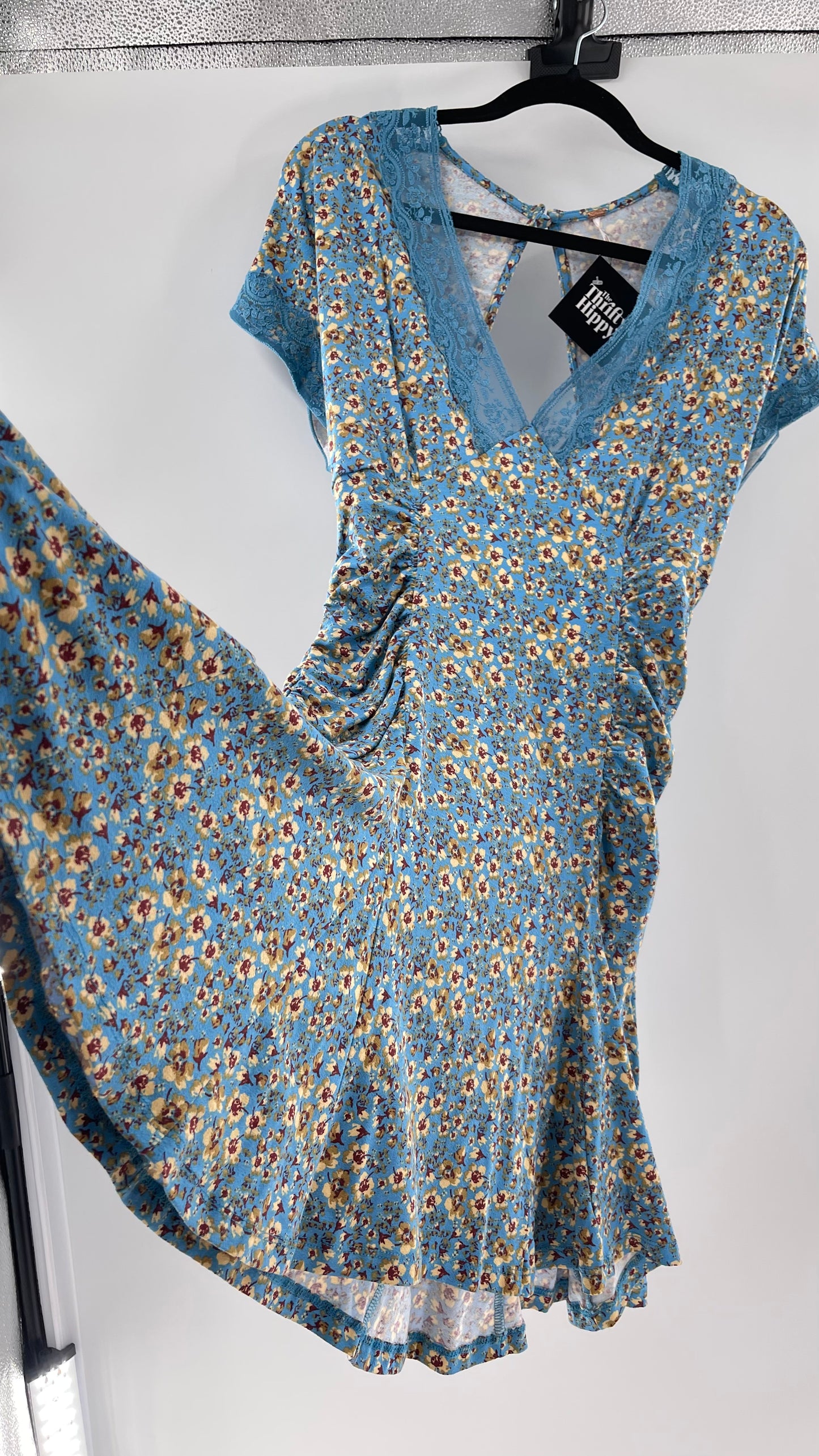 Free People Sweet Talker Blue Floral Ruched Mini Dress (Medium)