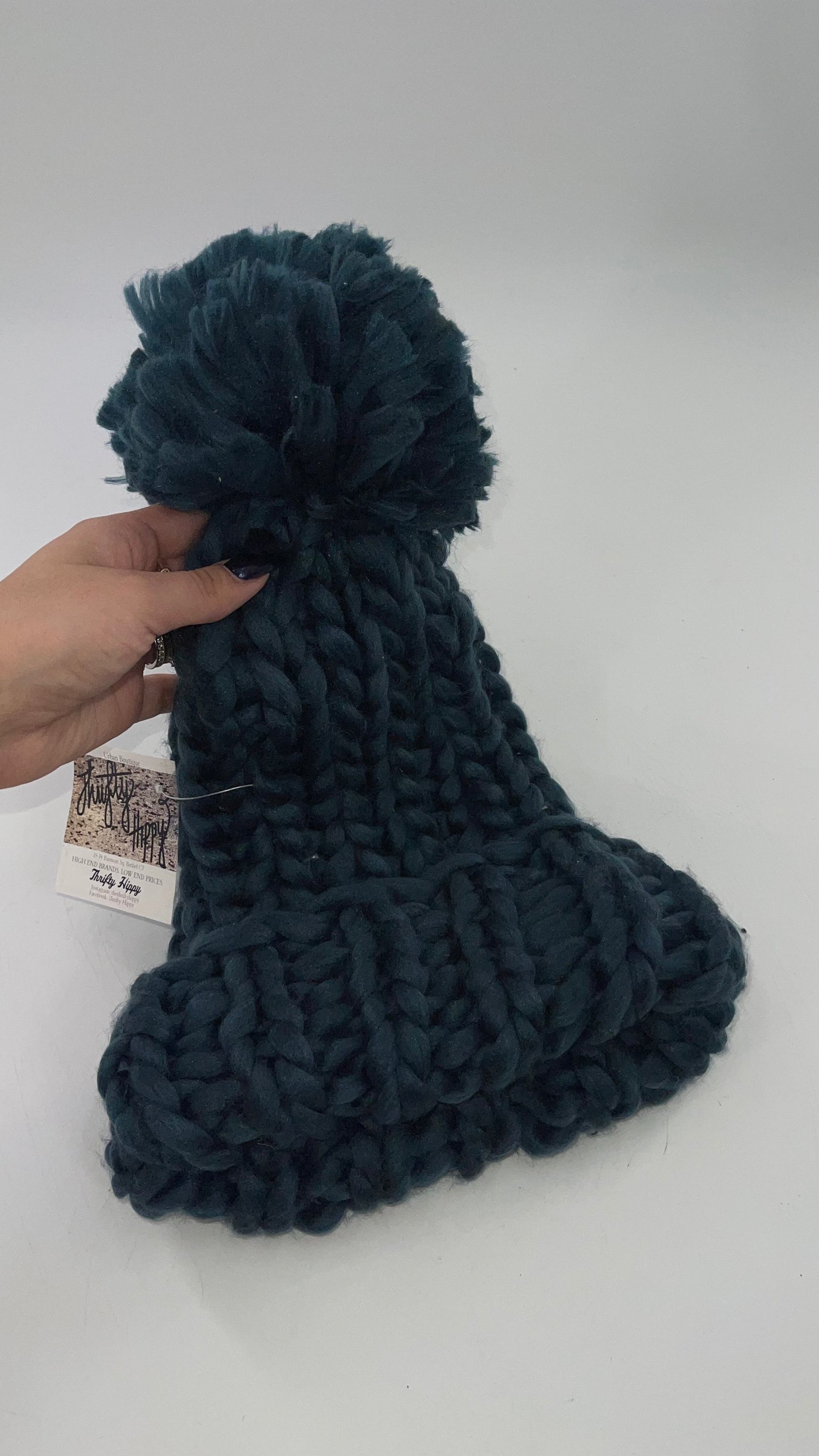 Free People Heavy Knit Navy PomPom Beanie