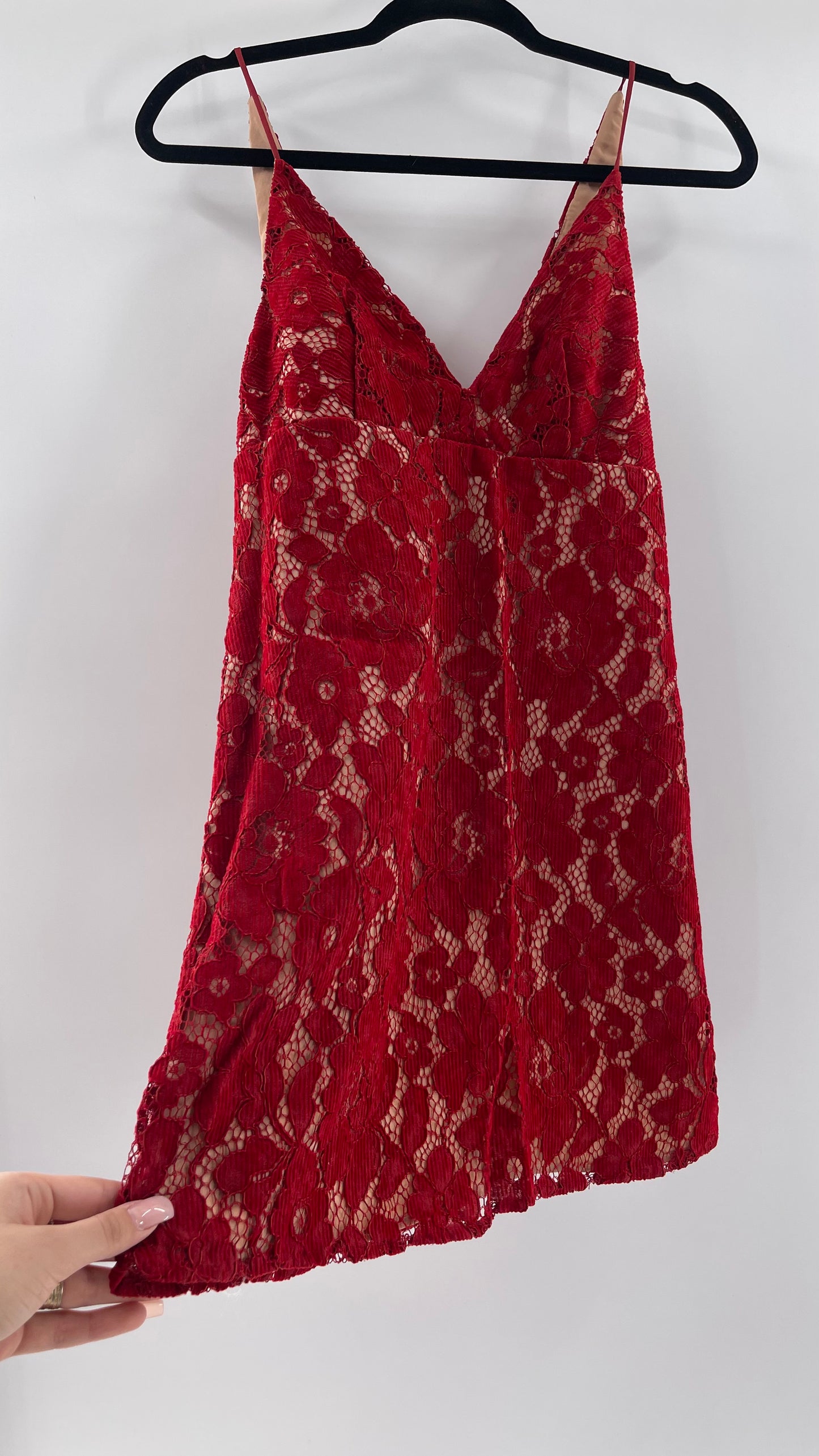 Free People Red Corduroy Lace Over Nude Underlay Sleeveless Mini Dress (Size 0)