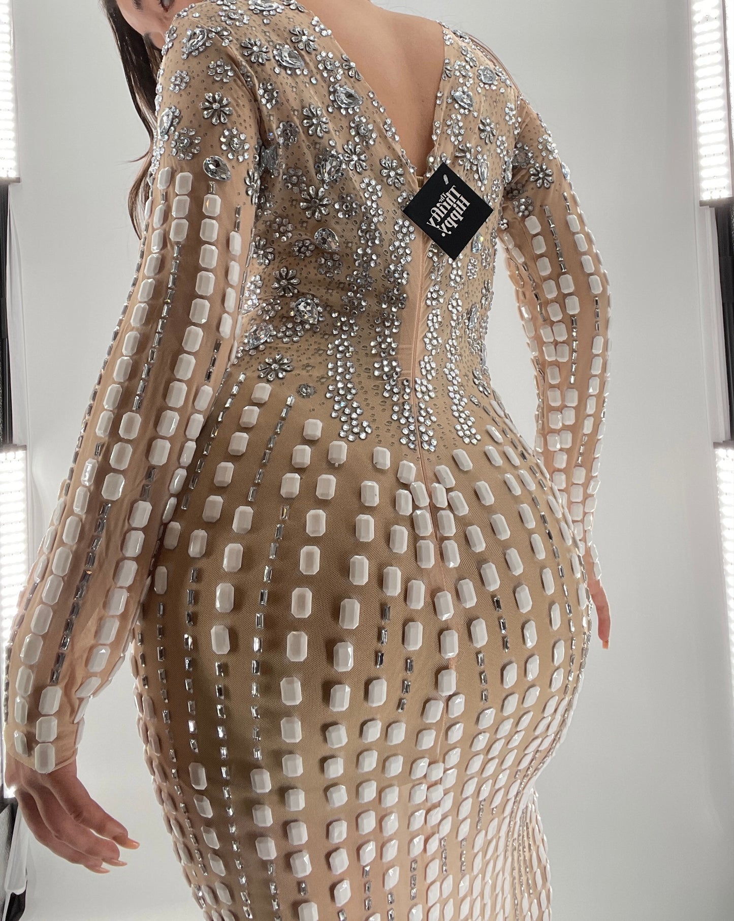 Modified Floor Length Gown Nude Underlay with Crystals and White Jewels (Medium)
