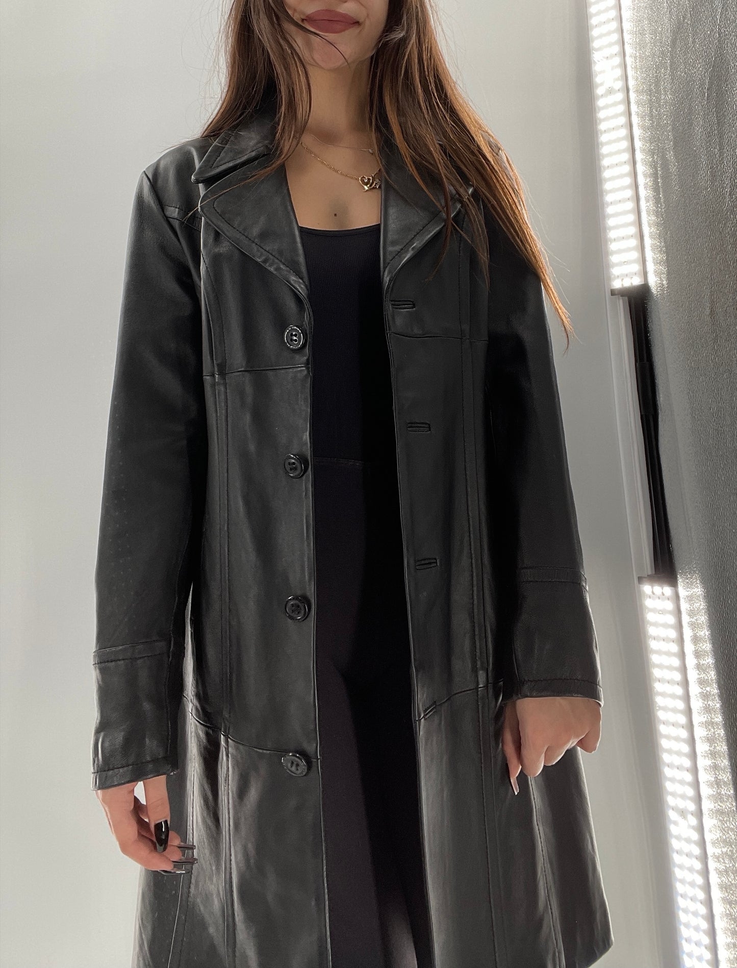 Vintage Black Leather Collared Midi Coat (Small)