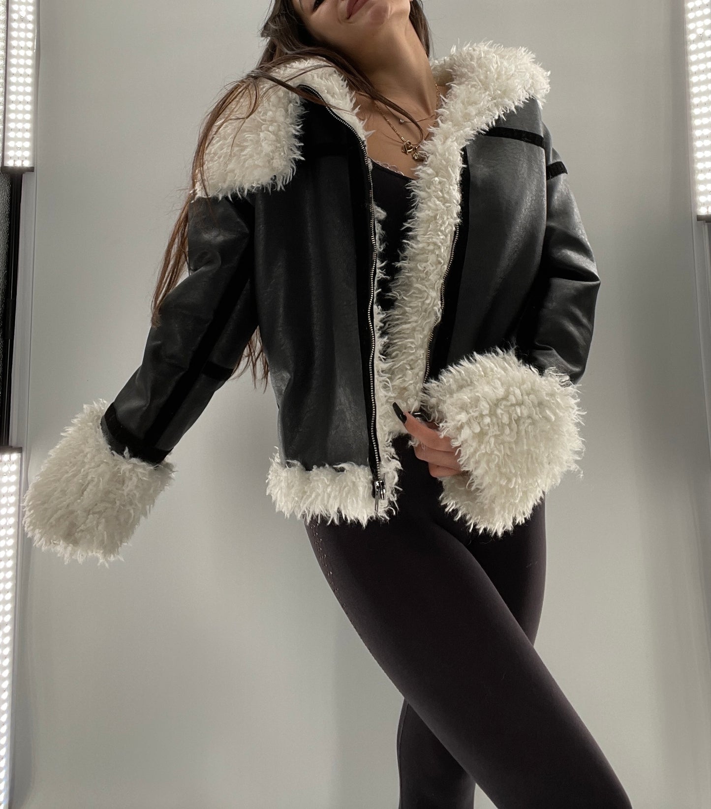 LIONESS Phoenix Jacket Black Faux Leather White Fur Trim (XS)