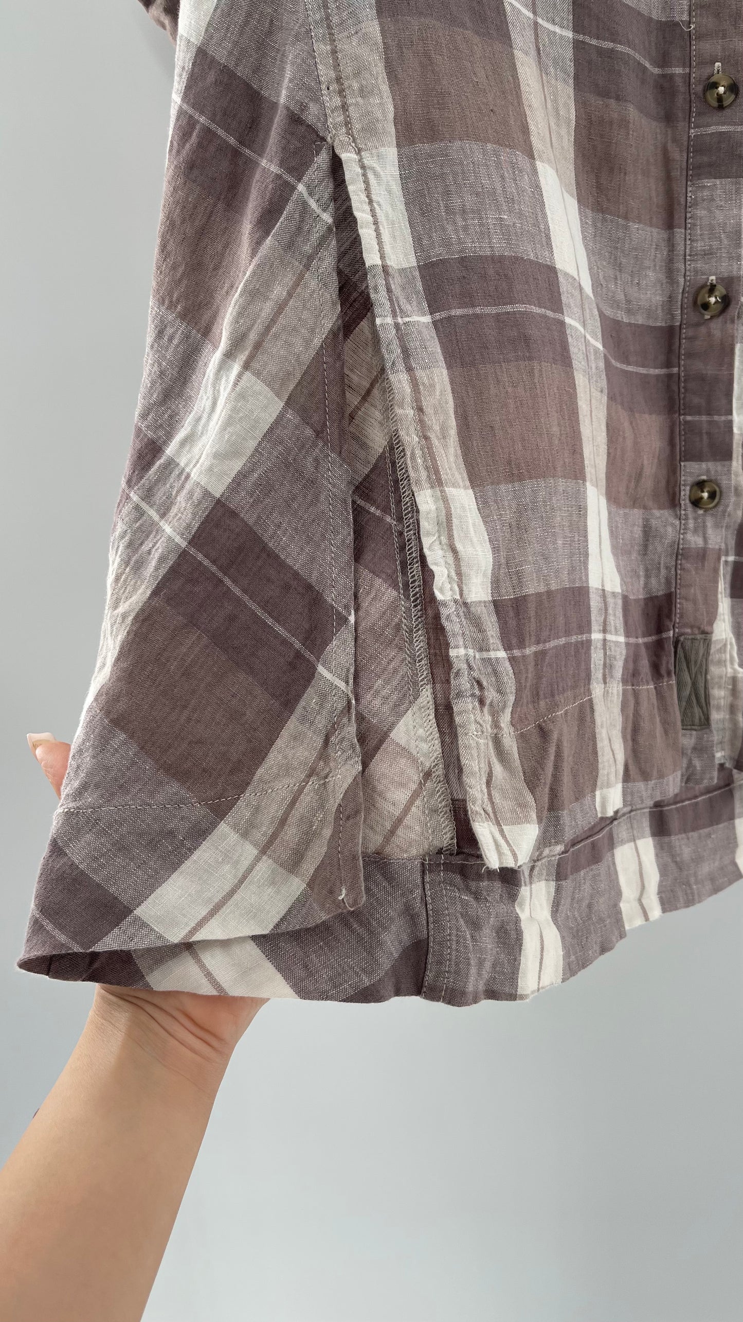 Free People 100% Linen Plaid Grey Short Sleeve (Small)