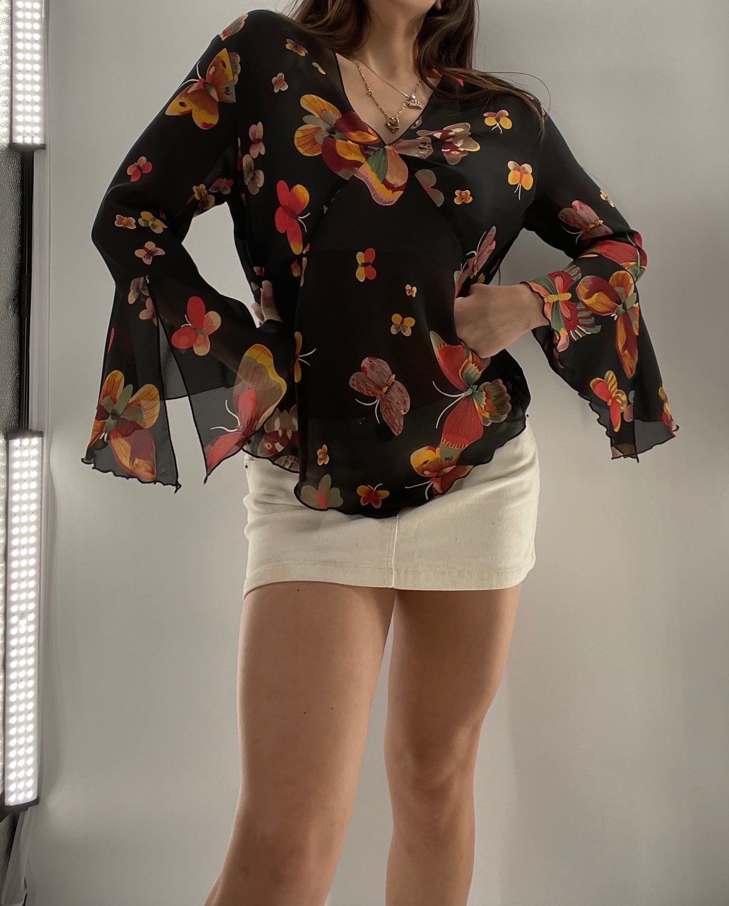 Vintage Butterfly Printed Sheer Bell Sleeve (S)