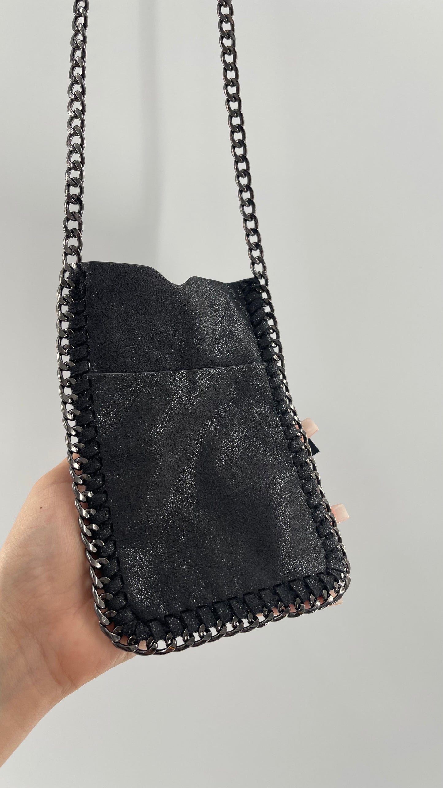 Metallic Black Leather Chain Lined Phone Pouch