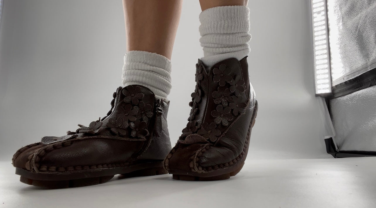 Handmade Brown Leather Flower Power Booties (38)