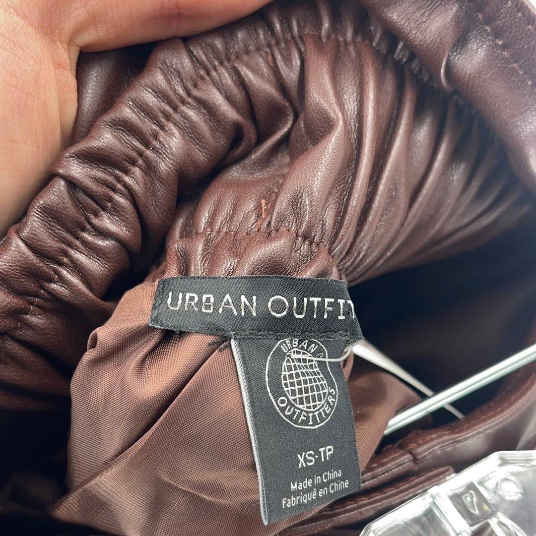 Urban Outfitters Brown Vegan Leather Mini Skirt with Elastic Waist, Belt and Front Buttons (Size XS)