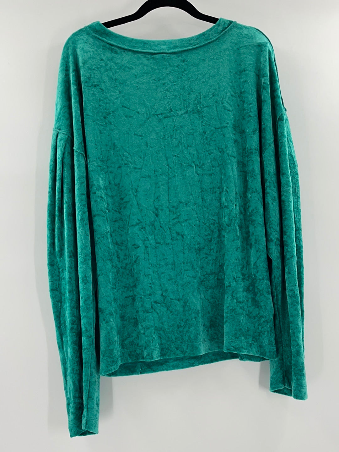 Free People -WE THE FREE Milan Crushed Velvet Long Balloon Sleeve Green Top (Size Large)
