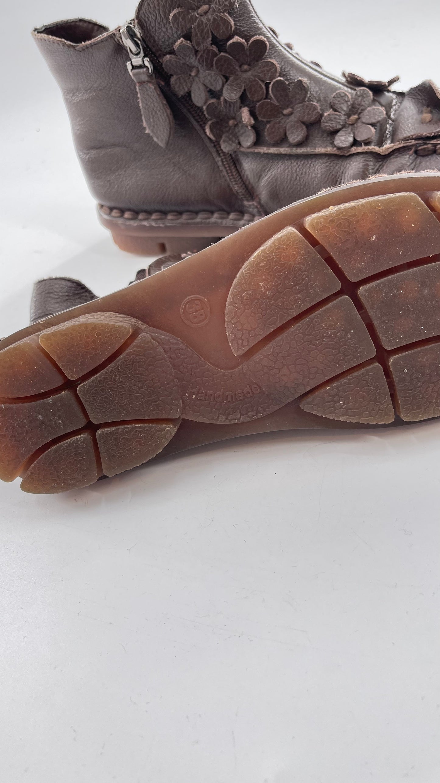 Handmade Brown Leather Flower Power Booties (38)