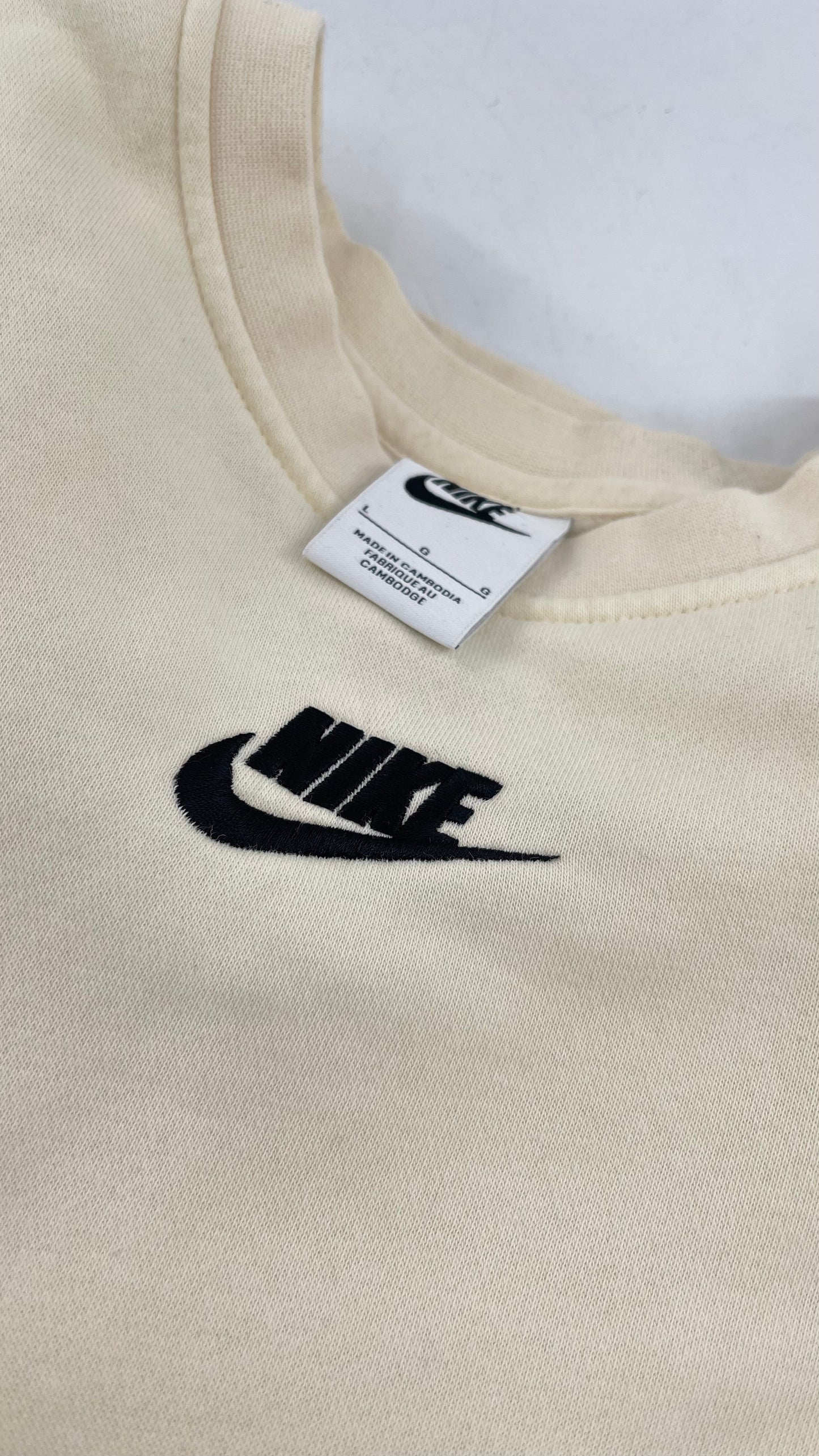 Cream Nike Crewneck with Minimalist Black Chest Logo (Large)